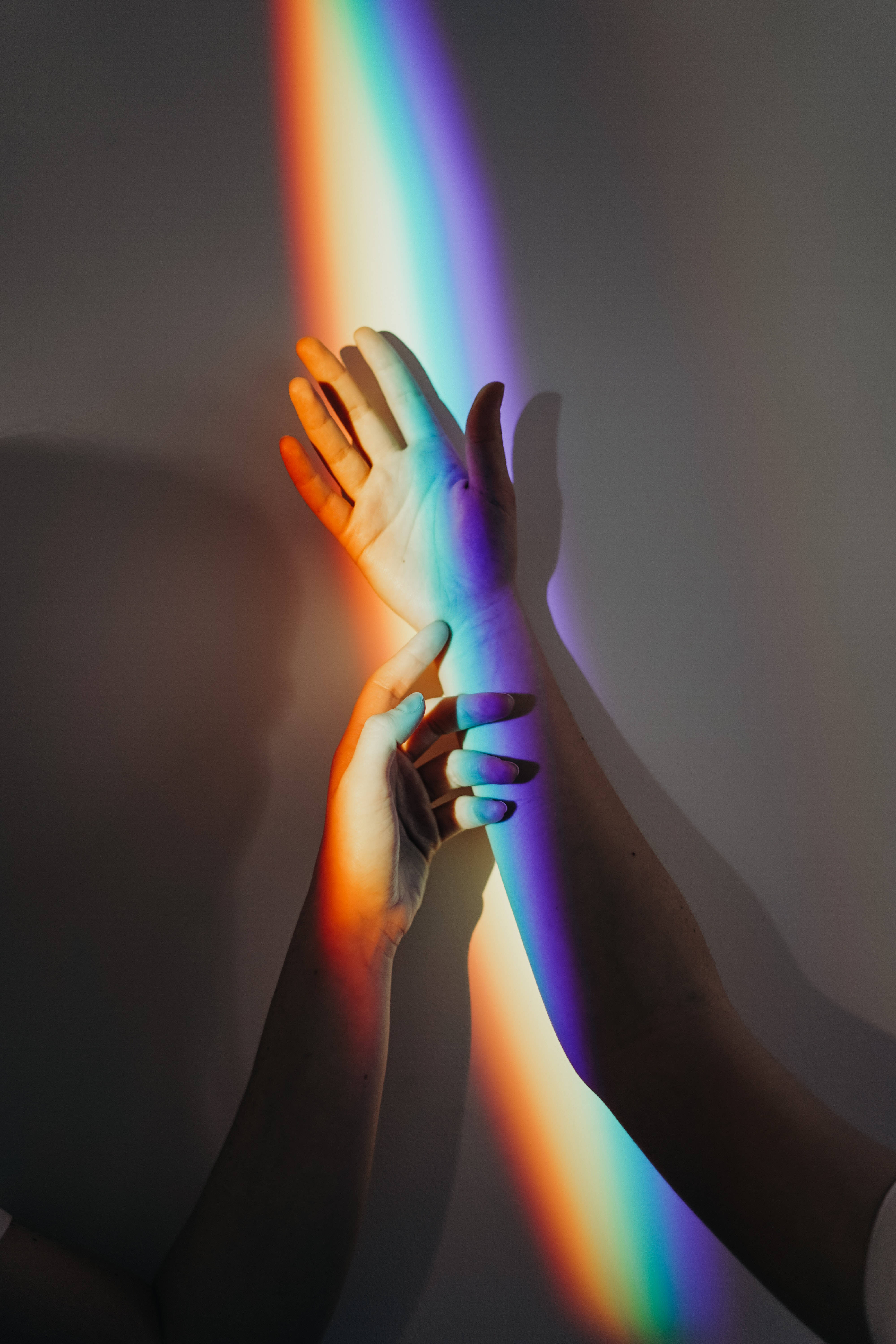 colorful grey hands, rainbow light beam, wall, 5K Phone Wallpaper