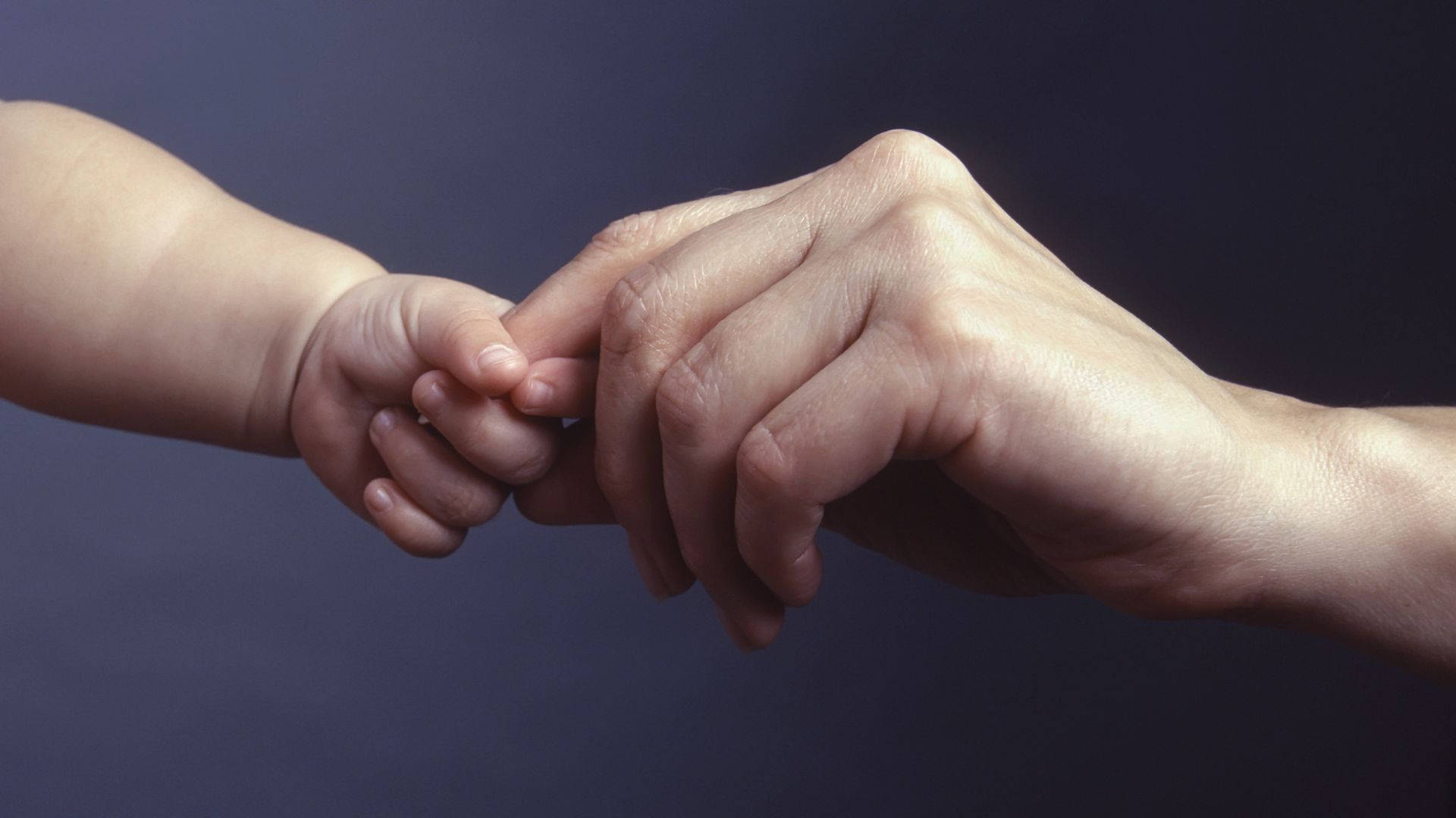 baby hand, mother's finger, dark blue background, Full HD Desktop Wallpaper