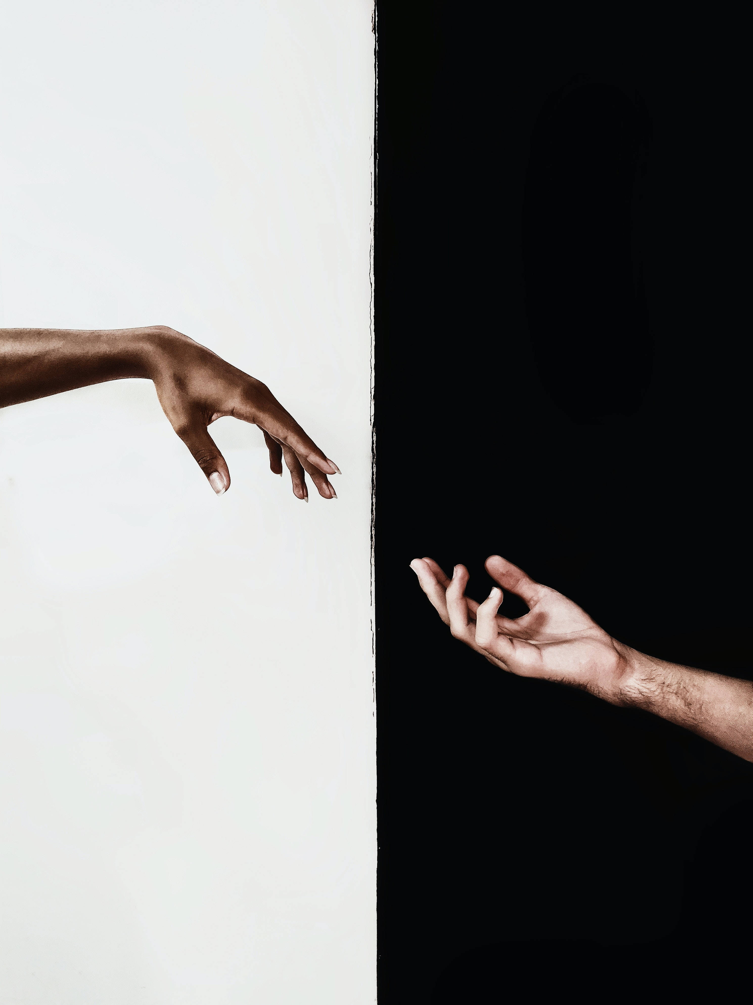 black and white hands, stark white and black divide, 4K Phone Wallpaper