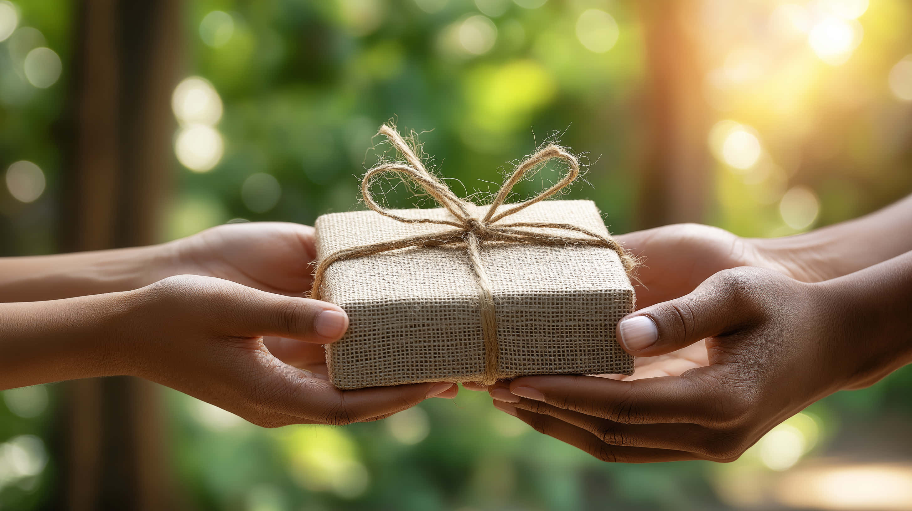 rustic burlap gift box, twine, sunlit green bokeh background, 2K Desktop Wallpaper