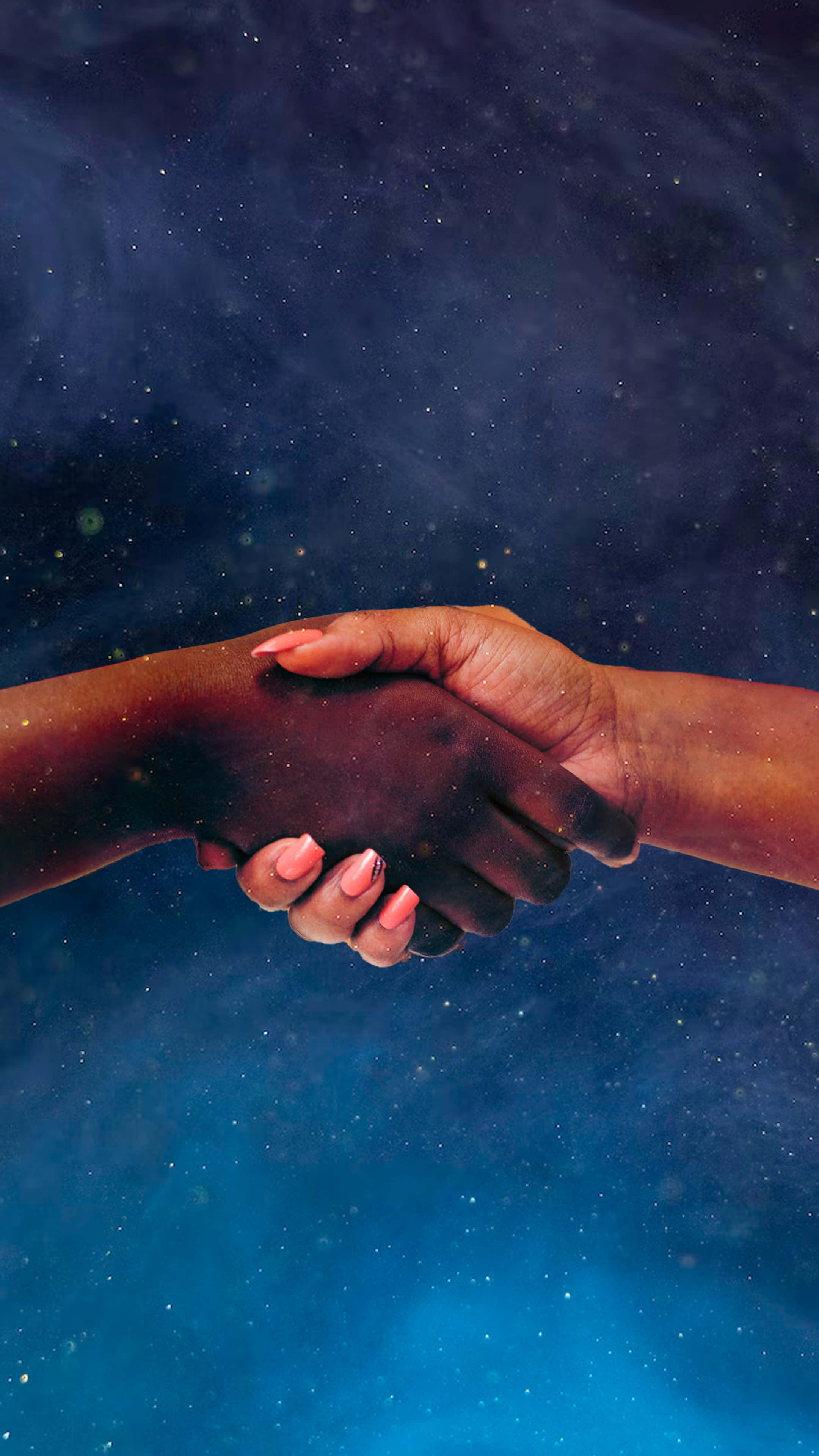 Handshake, blue starry sky, starry cosmic blue background, 4K Phone Wallpaper