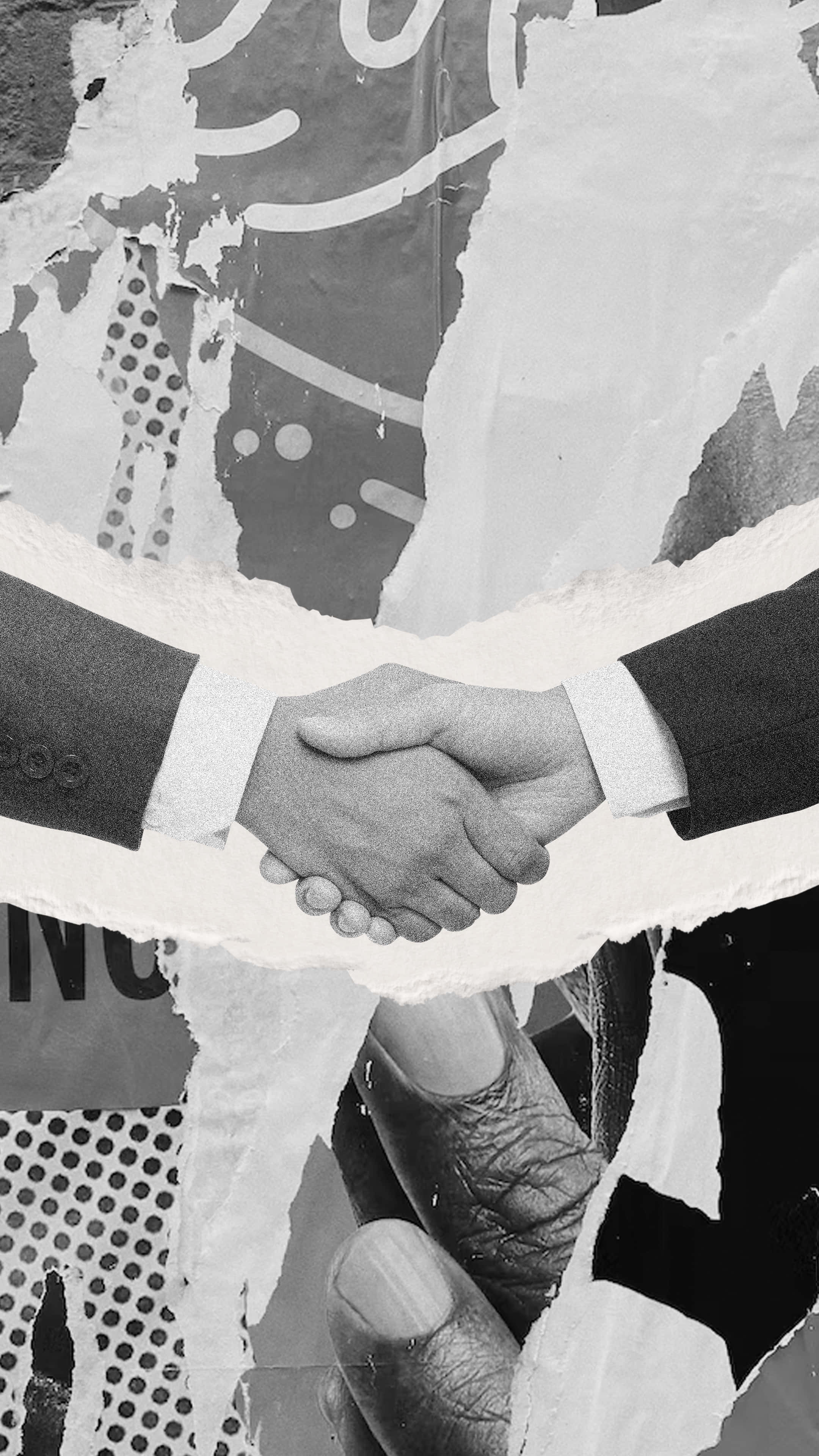 monochrome handshake collage, torn-paper collage, handshake, 4K Phone Wallpaper
