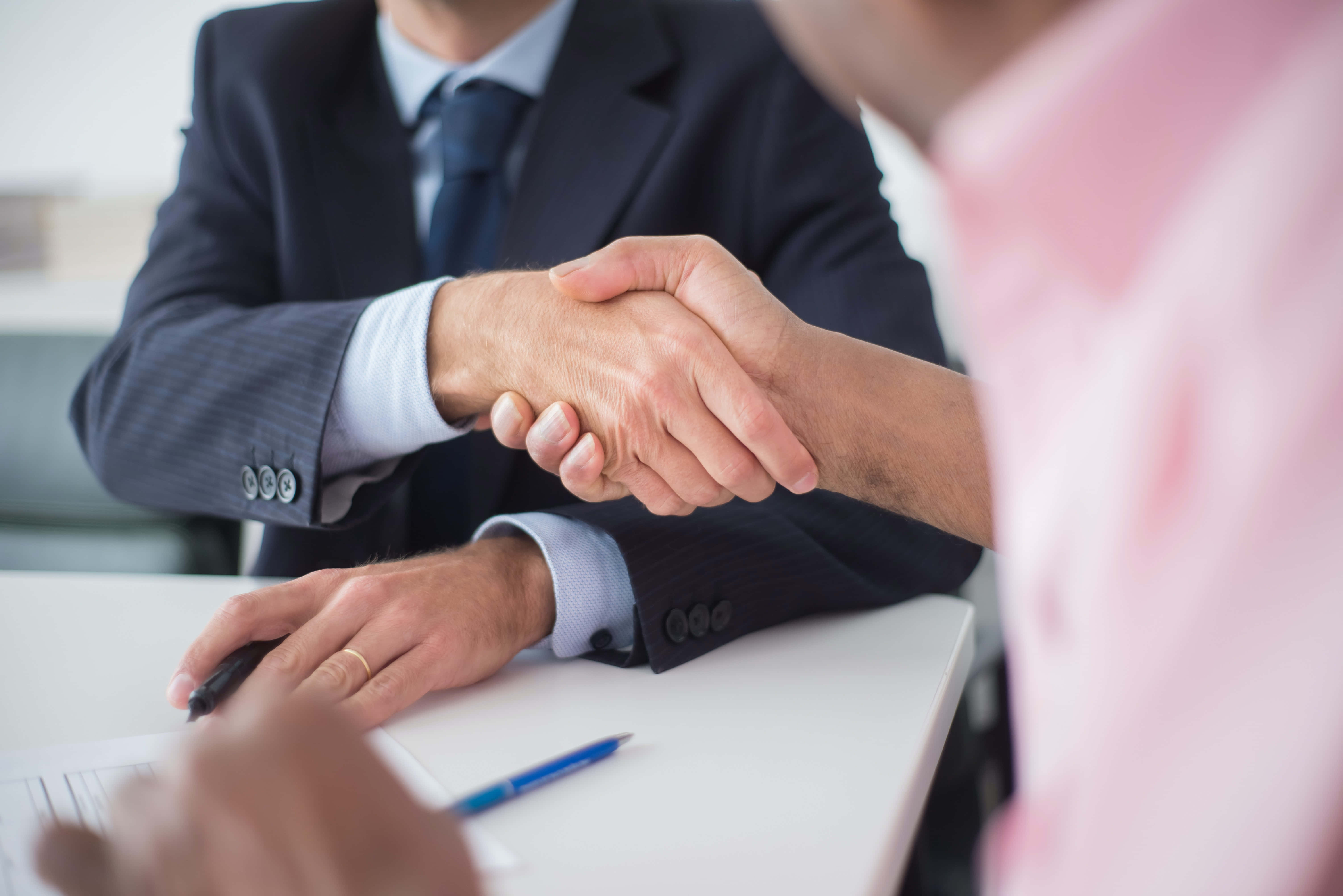 Handshake, white desk, pens, 5K Desktop Wallpaper