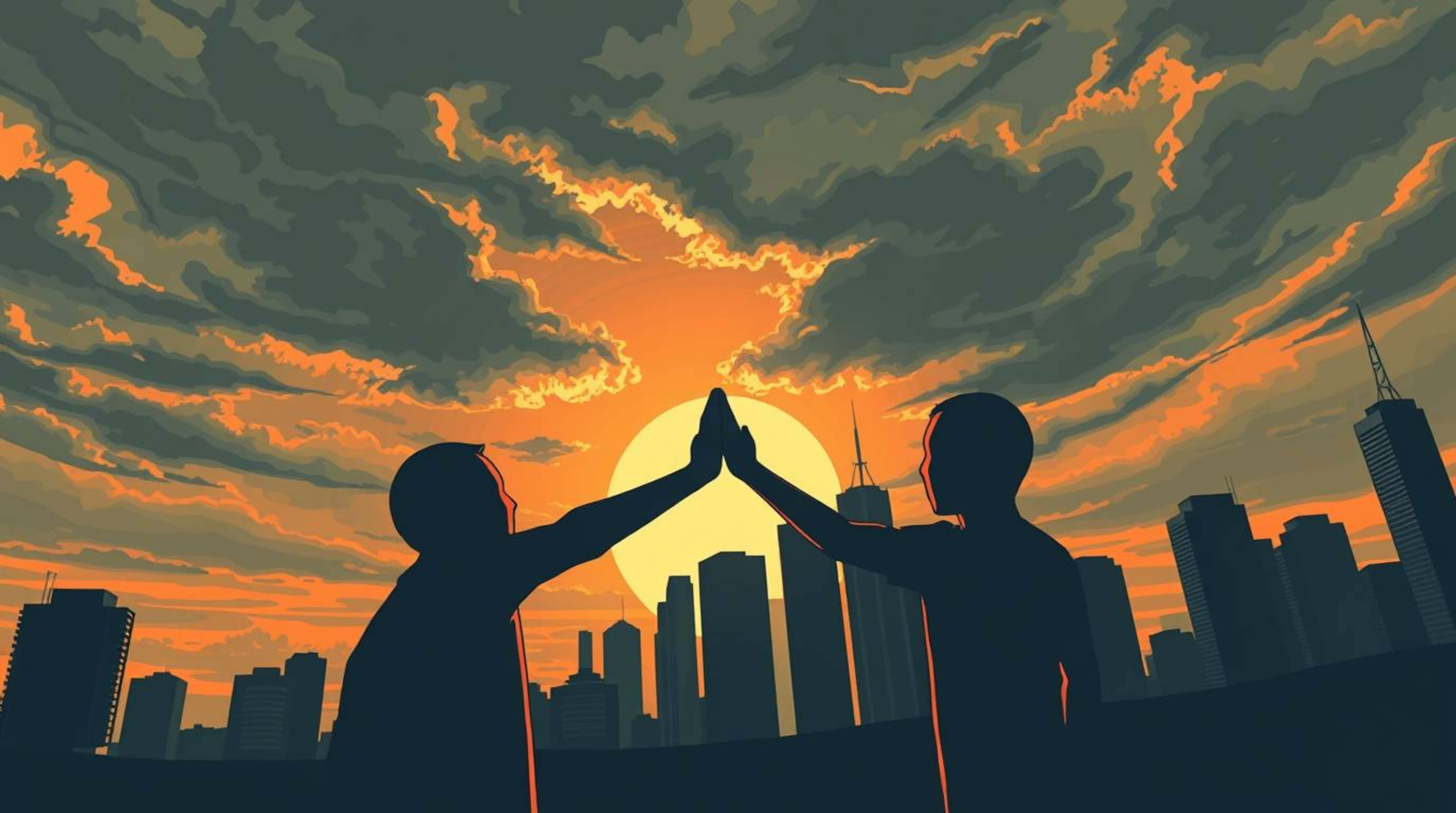 vibrant orange sunset, city skyline, dramatic clouds, 5K Desktop Wallpaper