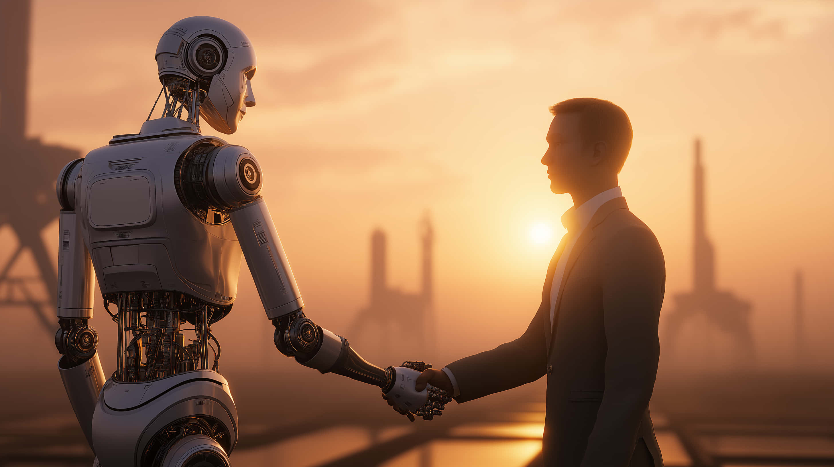 humanoid robot, businessman, sunset horizon, 2K Desktop Wallpaper
