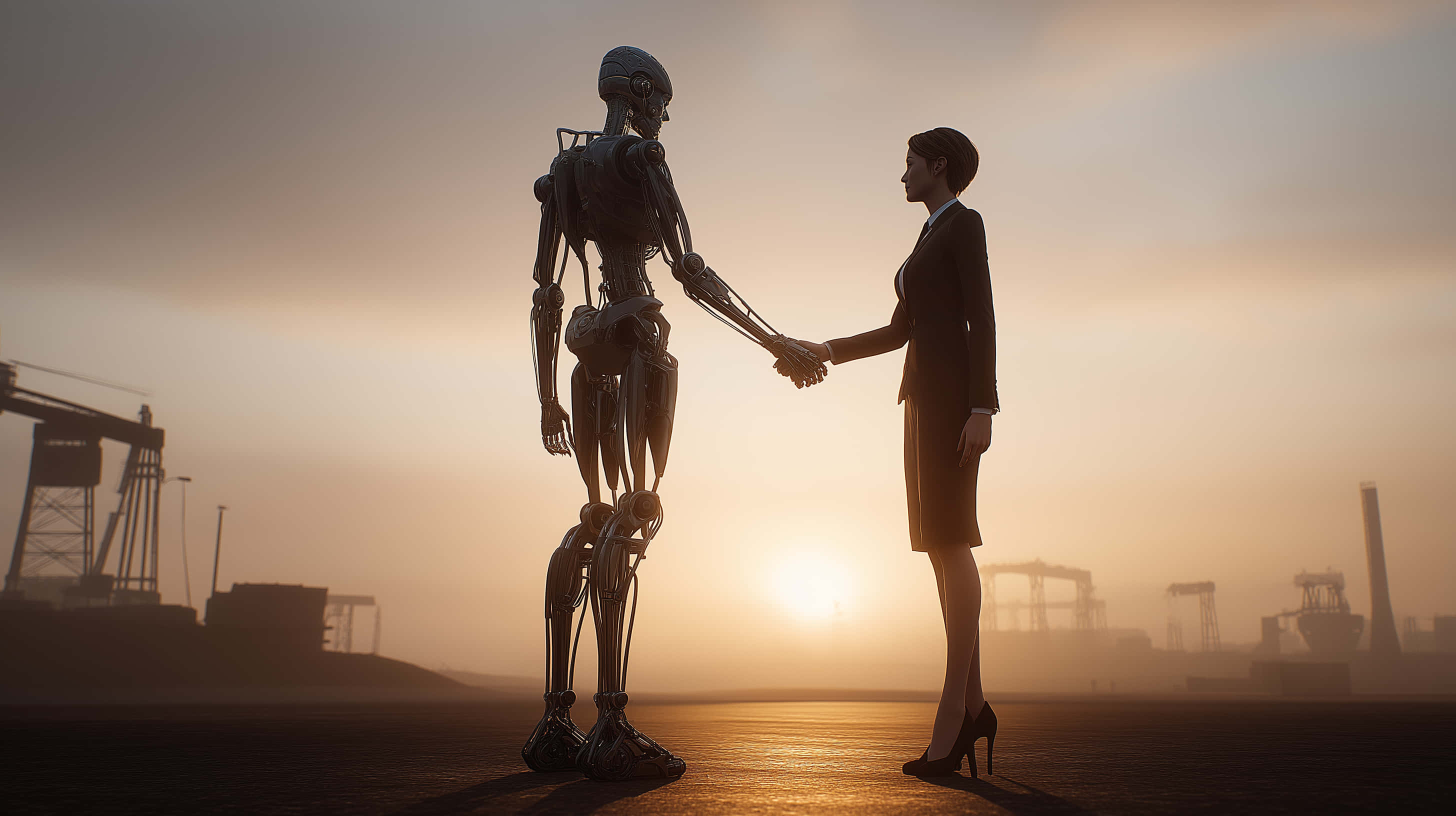 businesswoman, humanoid robot, sunset, 2K Desktop Wallpaper