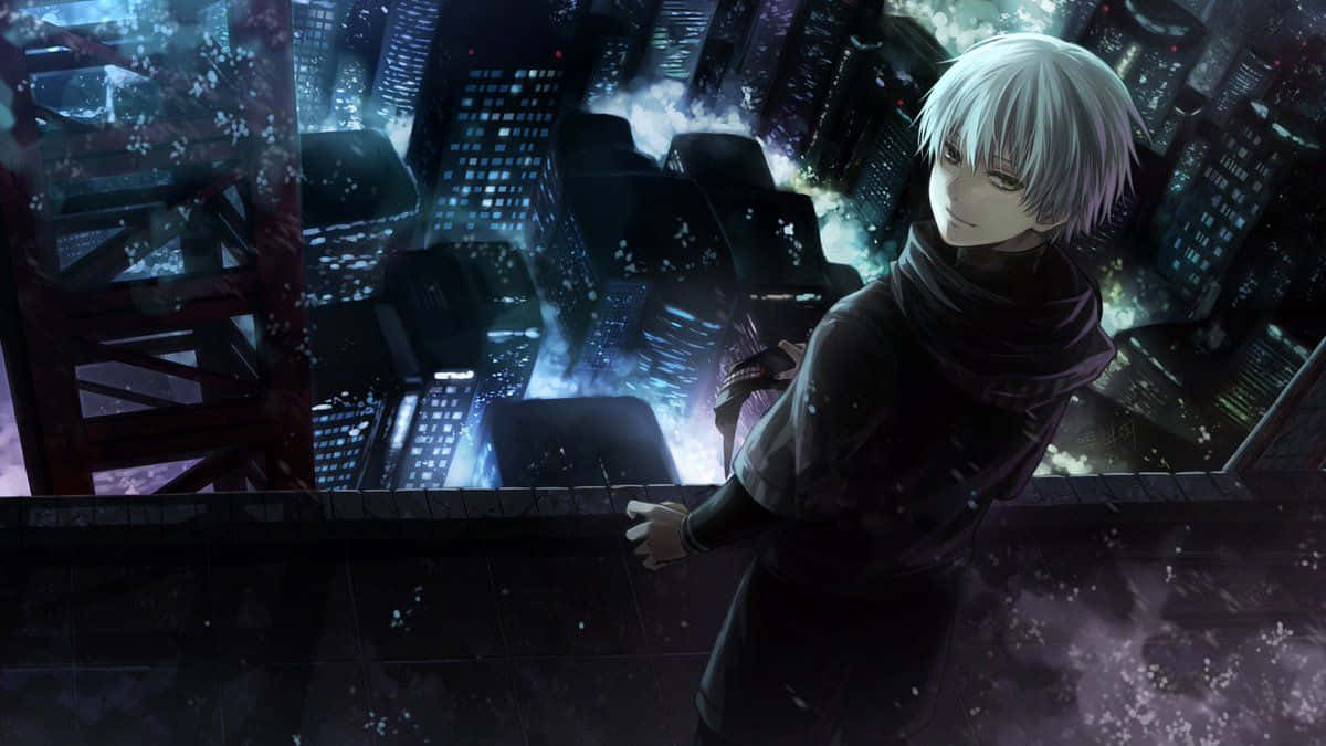 Anime Aesthetic Man, silver hair, rooftop, SD Desktop Wallpaper