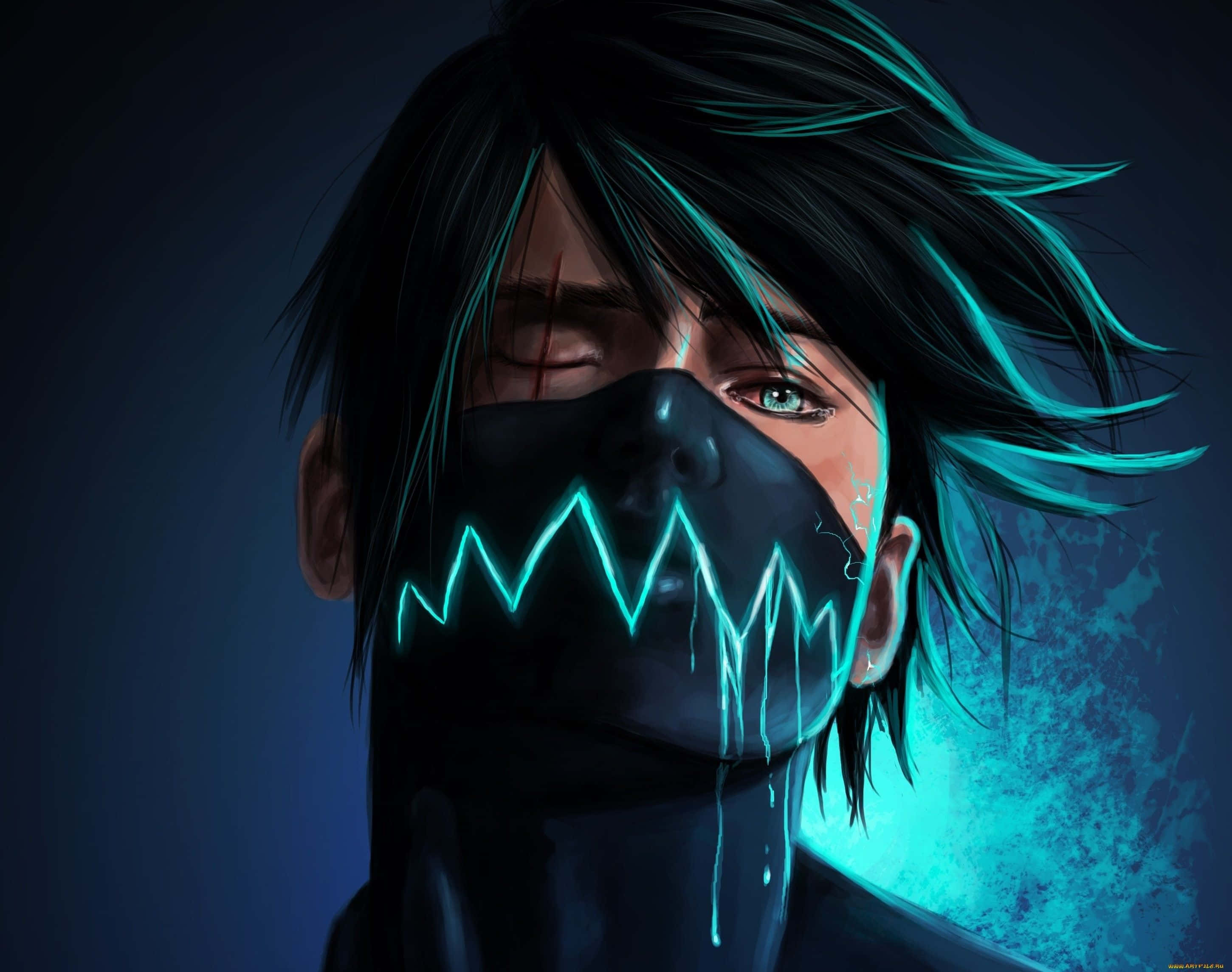 neon green mask, handsome boy cartoon, glowing blue jagged mask, 2K Desktop Wallpaper