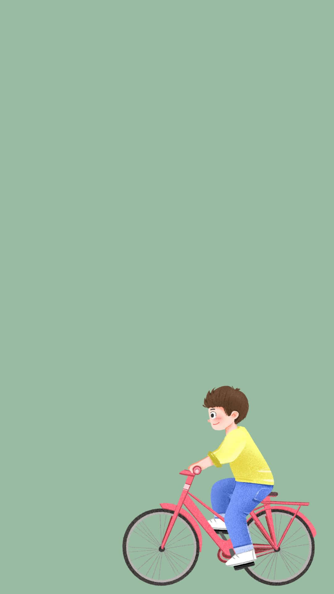 handsome boy cartoon, pink bicycle, mint green background, Full HD Phone Wallpaper