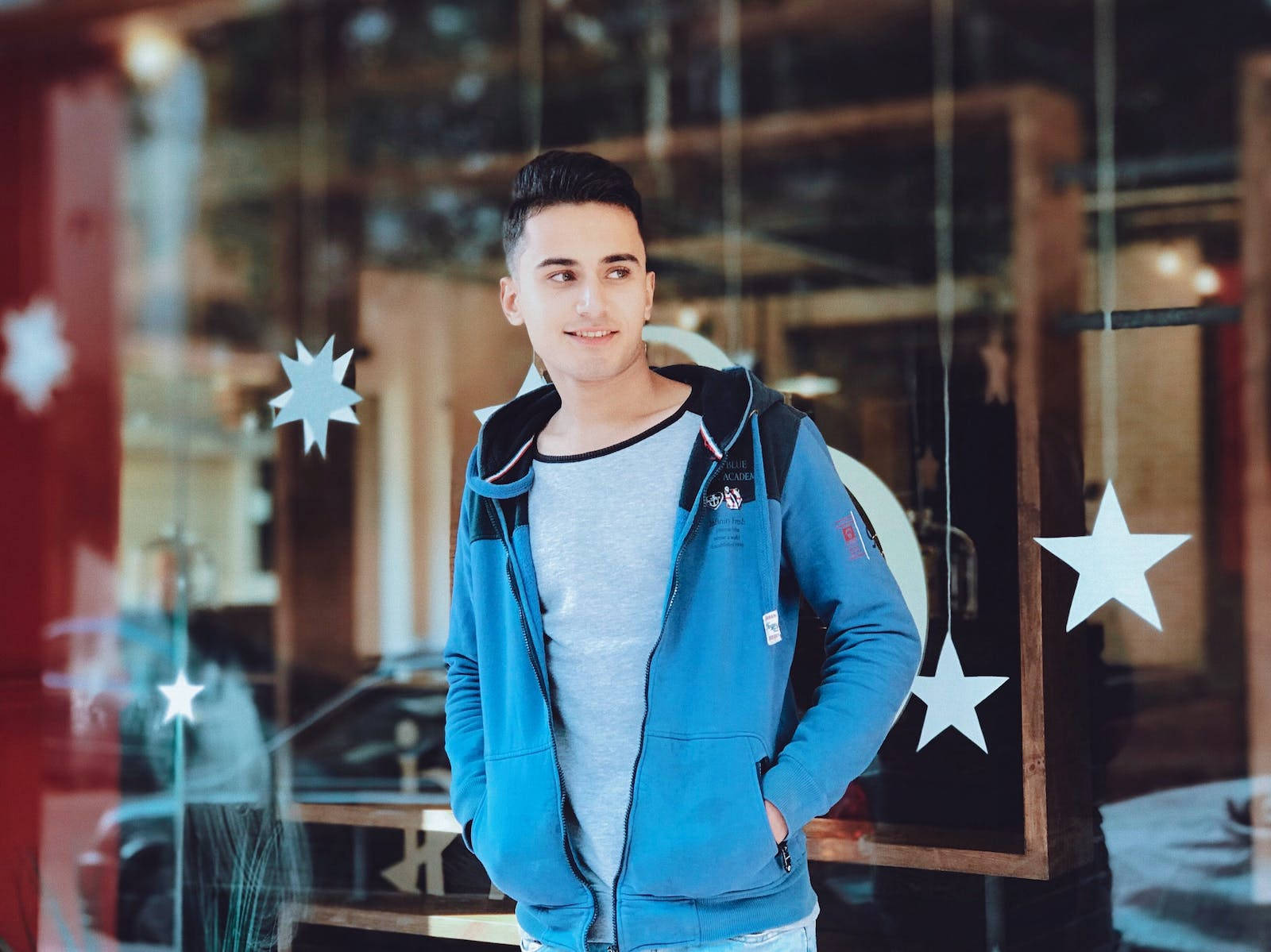 Handsome Boy, blue hoodie, glass storefront, HD Desktop Wallpaper