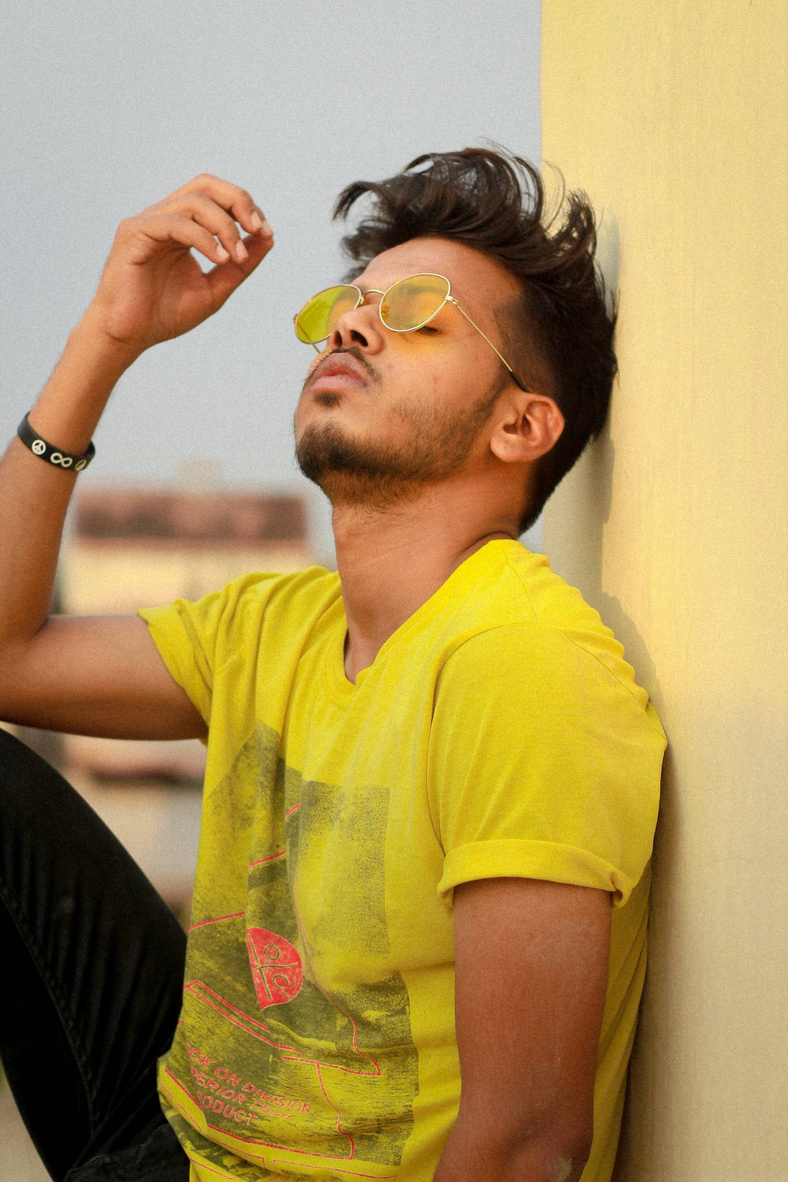 Handsome Boy, bright yellow t-shirt, sunglasses, Full HD Phone Wallpaper