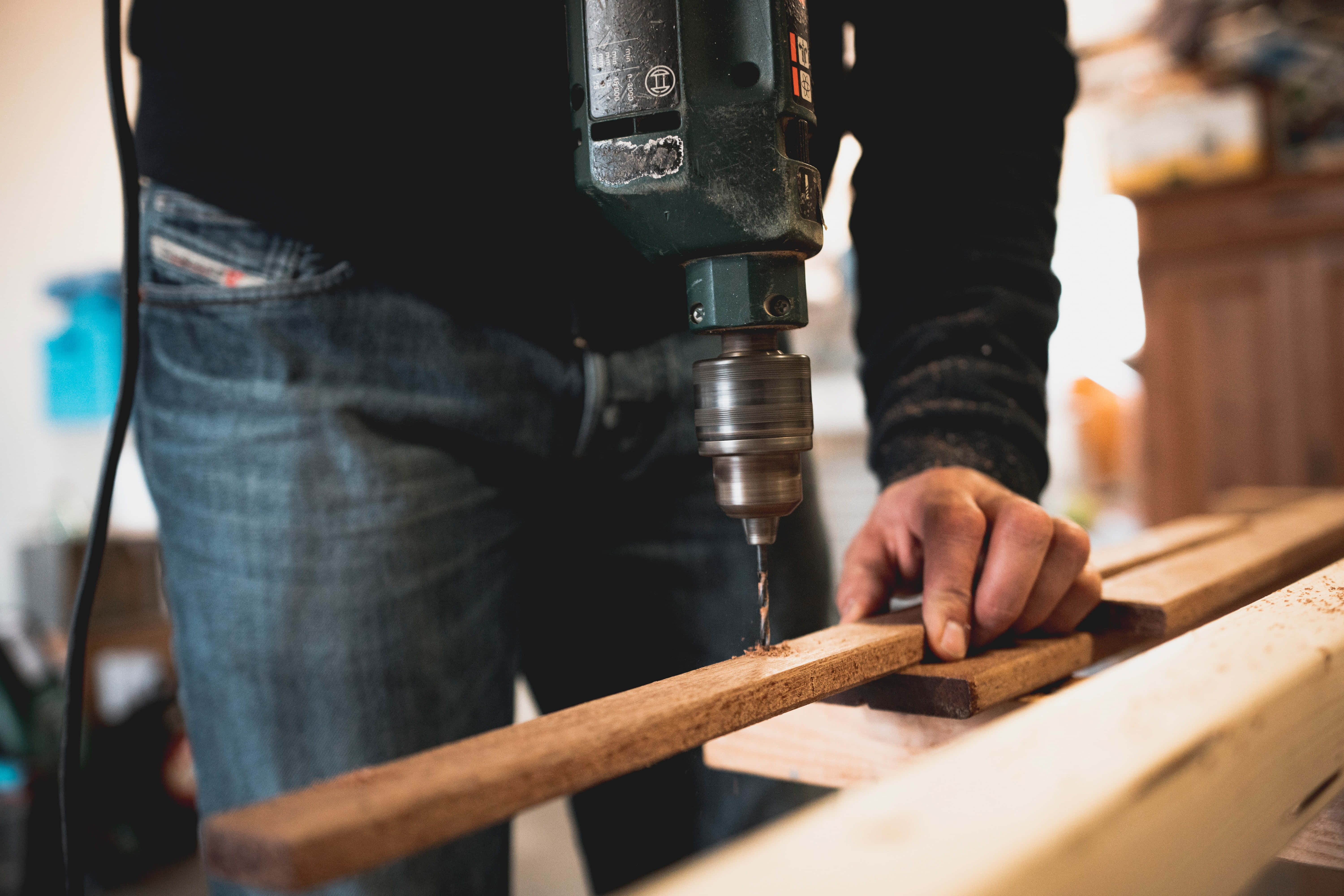 green power drill, wooden plank, well-lit workshop, 5K Desktop Wallpaper