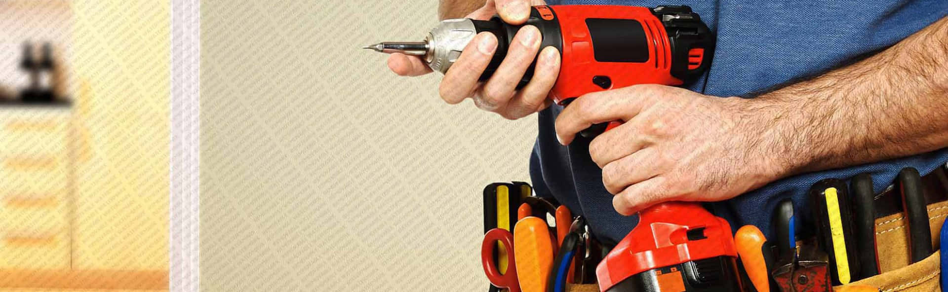 handyman, red power drill, tool belt, Full HD Desktop Wallpaper