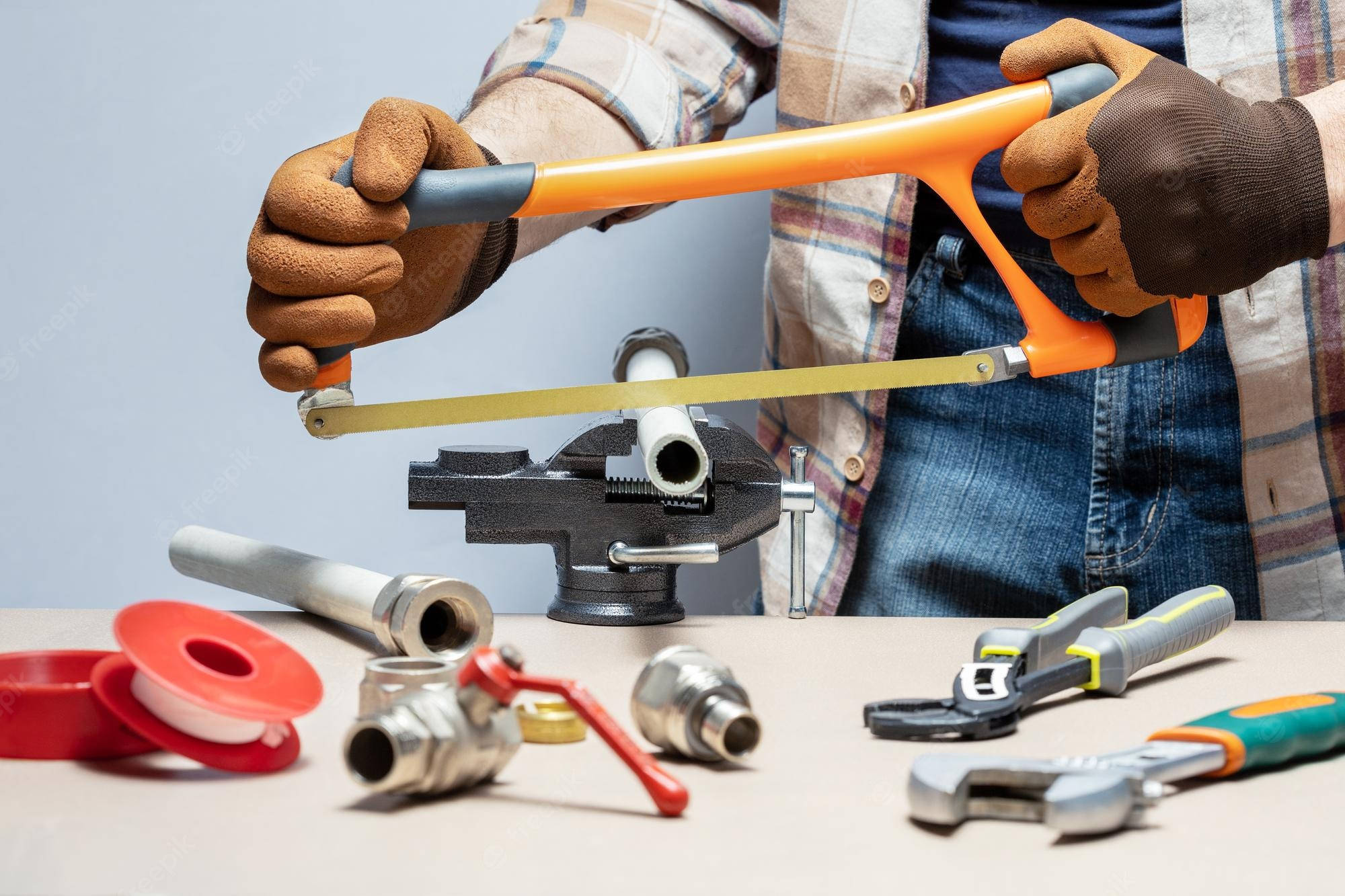 Journeyman Plumber, orange hacksaw, plumbing tools, Full HD Desktop Wallpaper