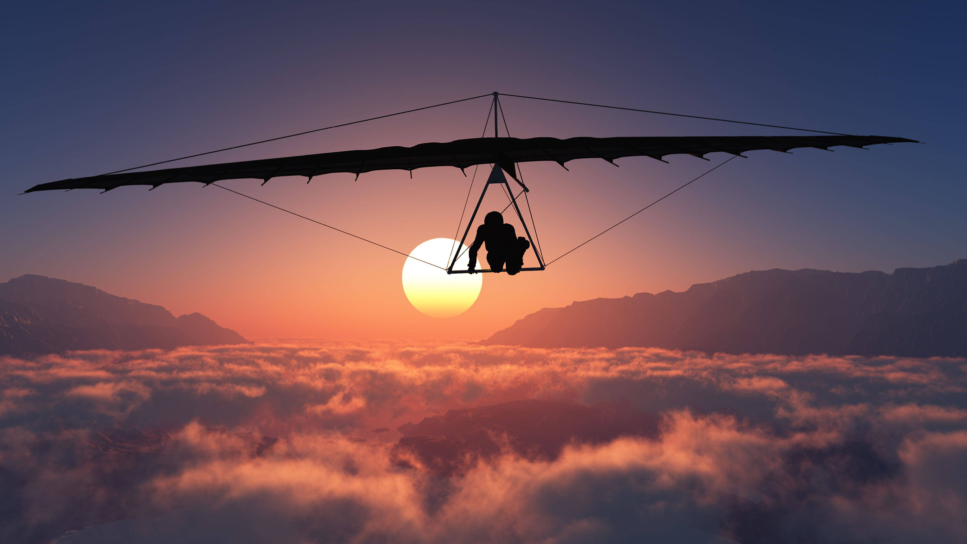 hang gliding, clouds, sunset, 4K Desktop Wallpaper