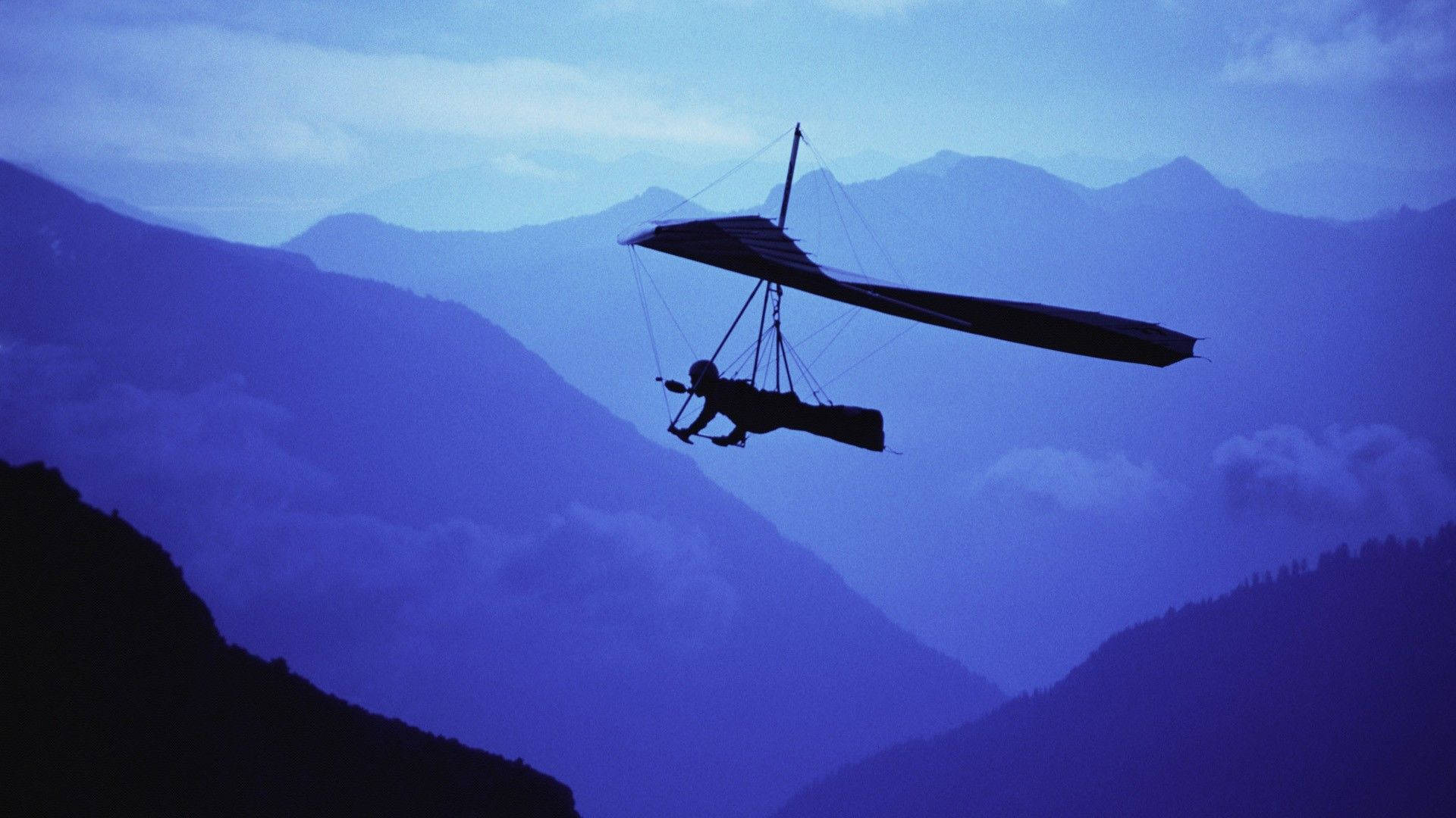 hang gliding, dawn, blue mountains, Full HD Desktop Wallpaper