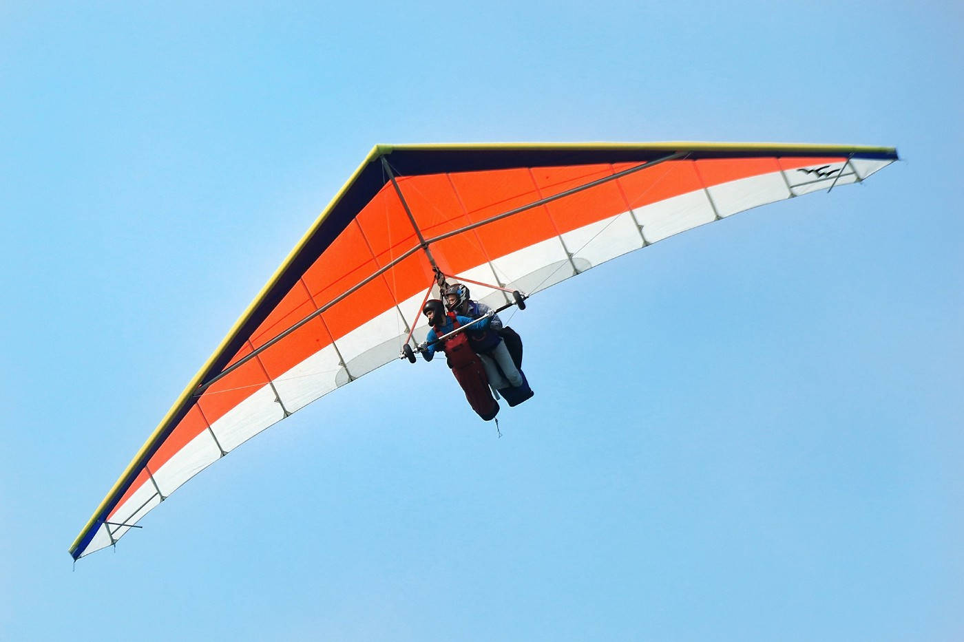 vibrant orange and white hang glider, clear blue sky, pilot, HD Desktop Wallpaper