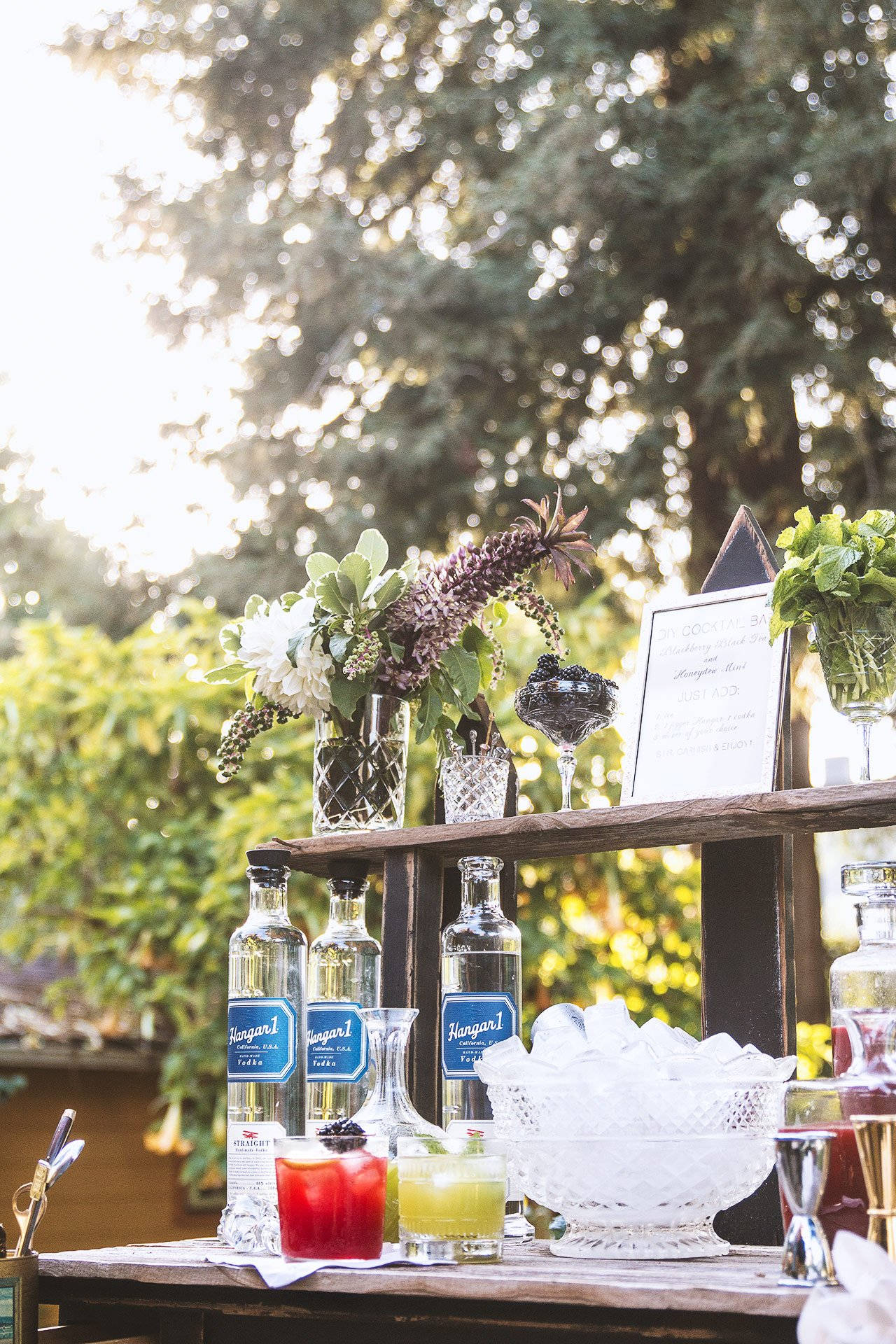 Hangar 1, rustic outdoor bar, colorful cocktails bottles, Full HD Phone Wallpaper