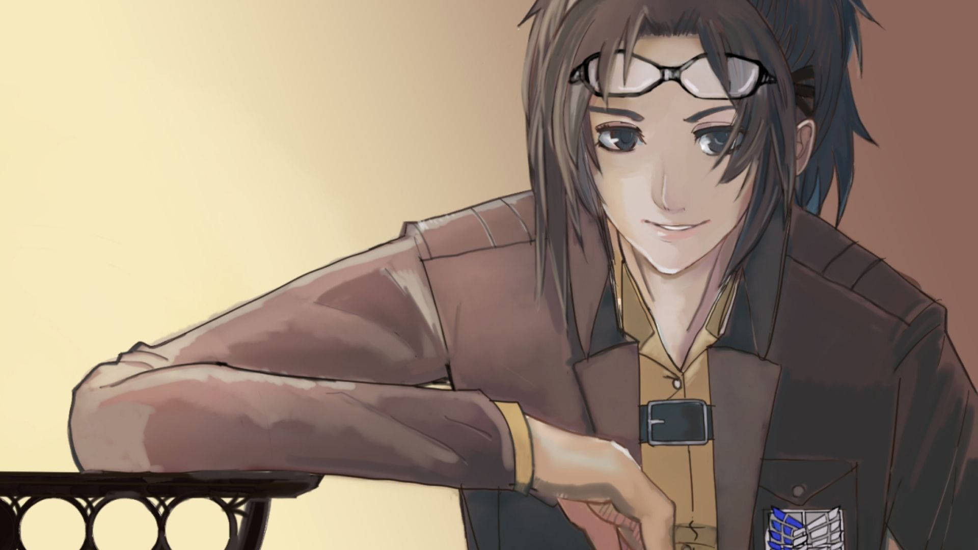 Hange Zoe, glasses, railing, Full HD Desktop Wallpaper