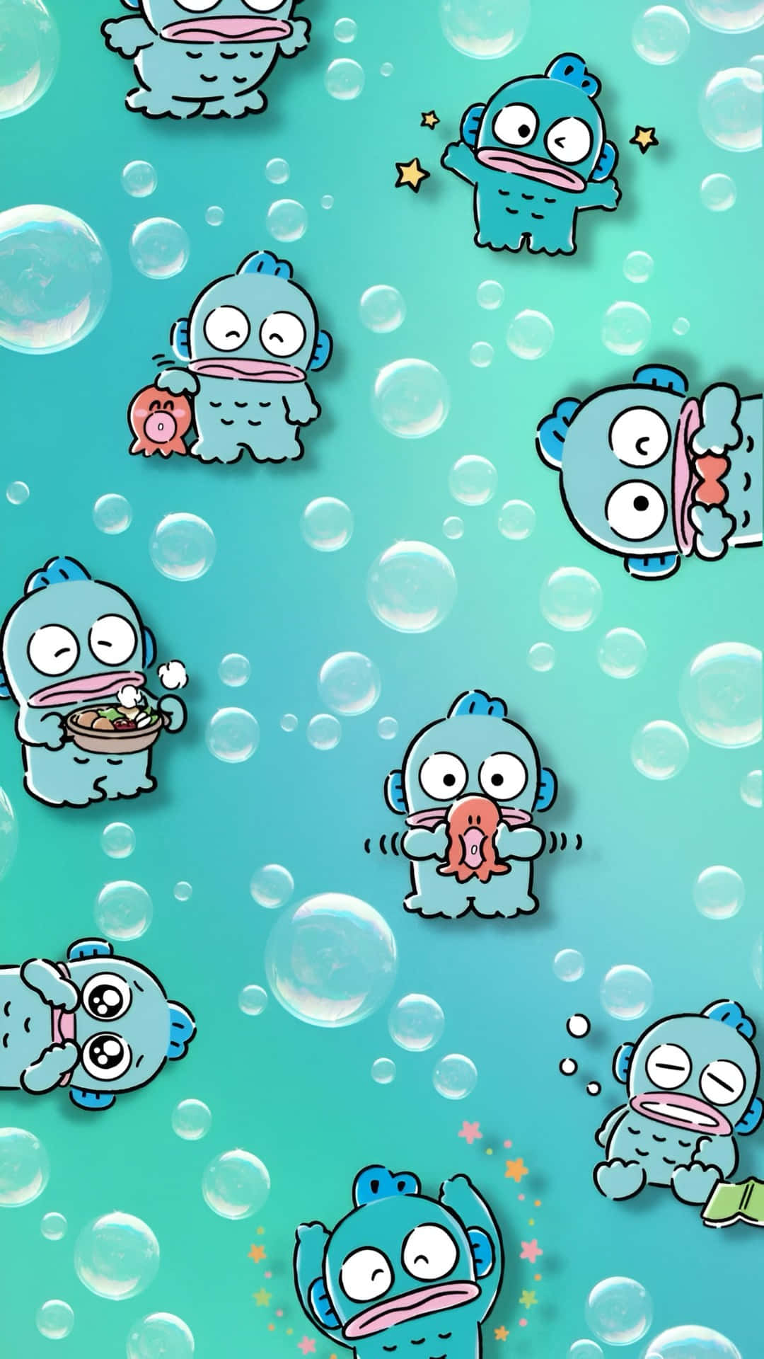 Hangyodon, blue cartoon creatures, bubbles, Full HD Phone Wallpaper