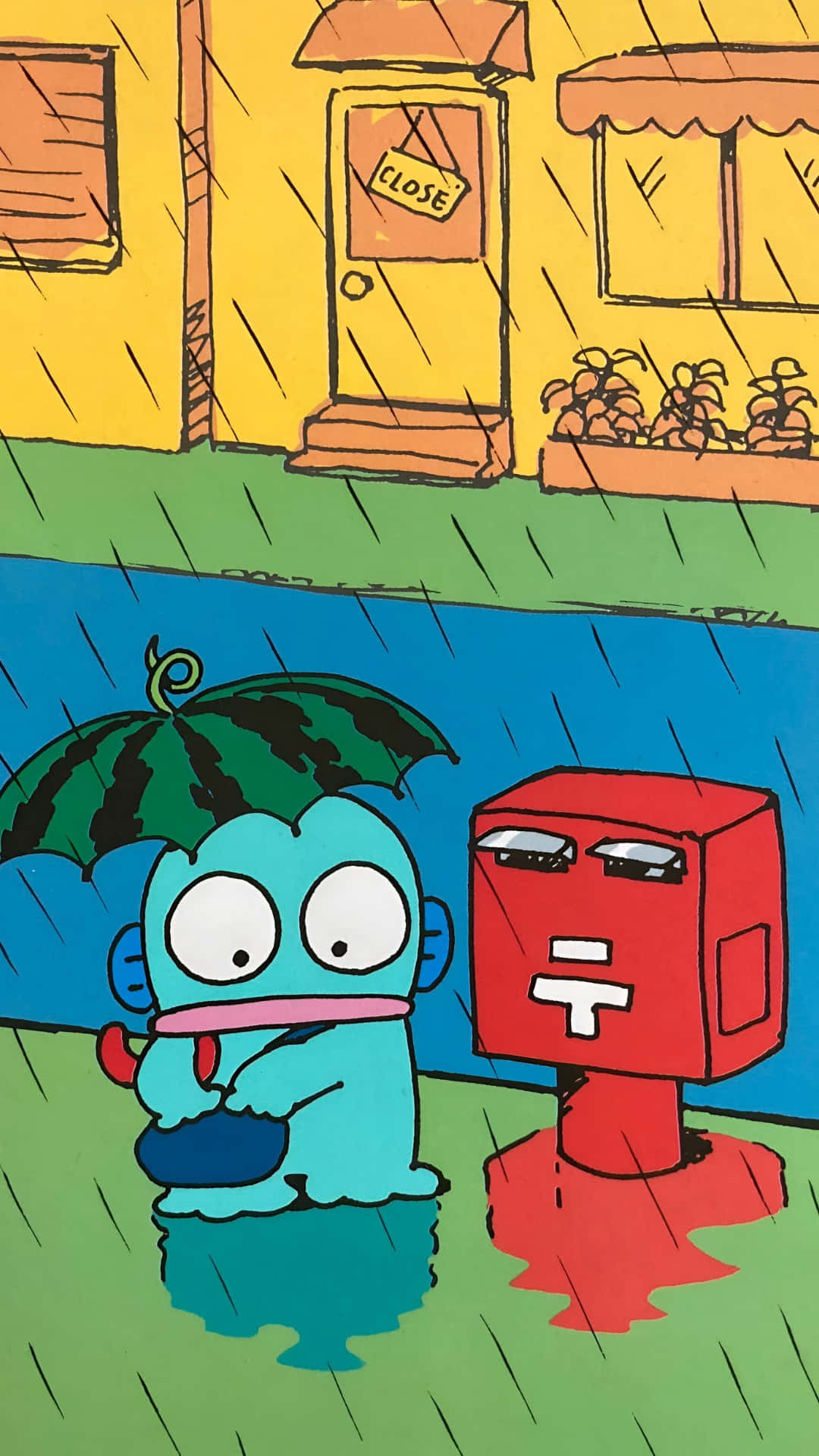 Hangyodon, red boxy character, blue cartoon creature, Full HD Phone Wallpaper