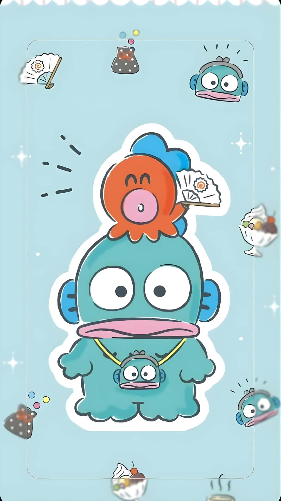 Hangyodon, teal cartoon character, pink beak, Full HD Phone Wallpaper