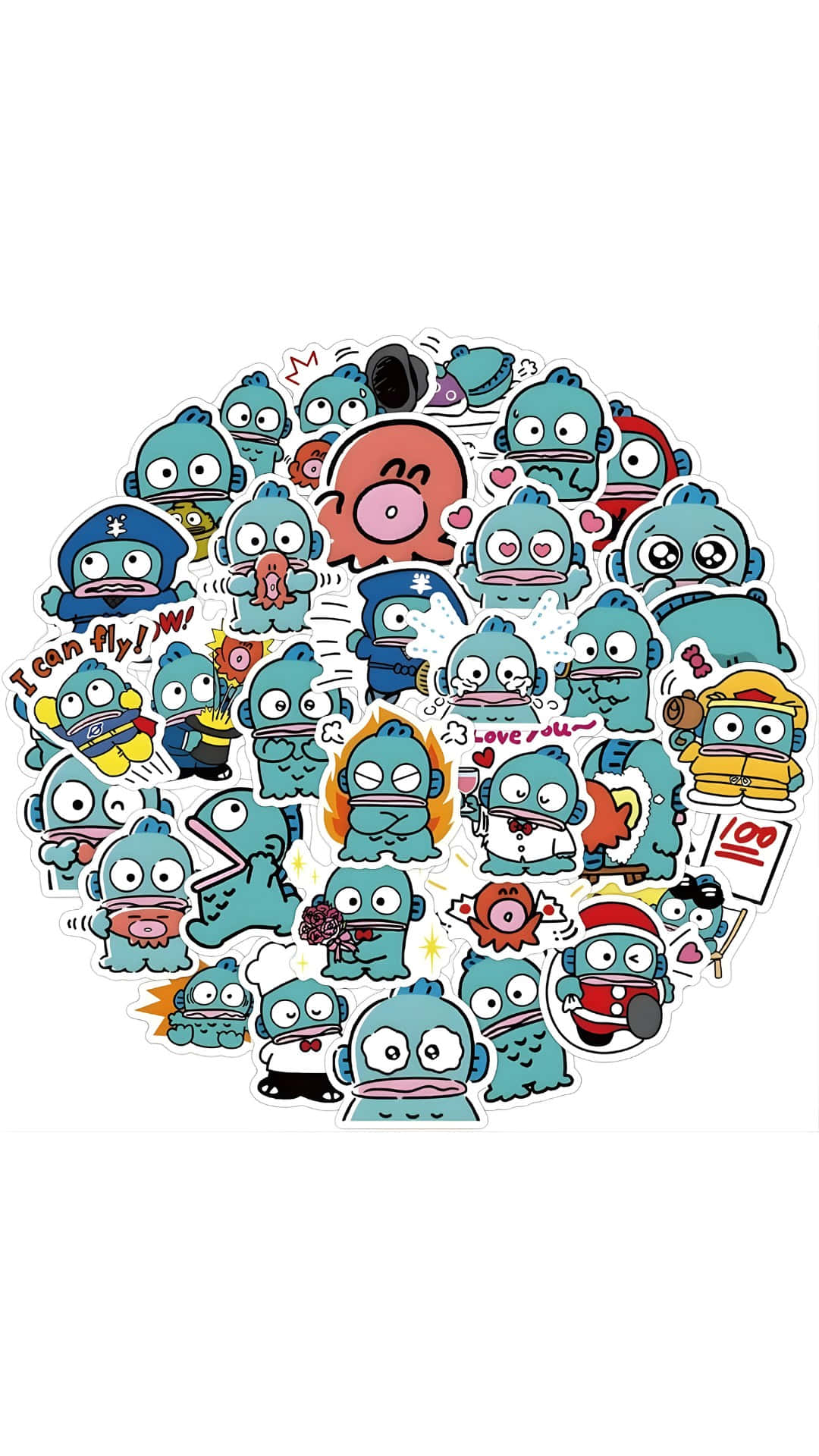 Hangyodon, teal monster character, colorful cartoon stickers, Full HD Phone Wallpaper
