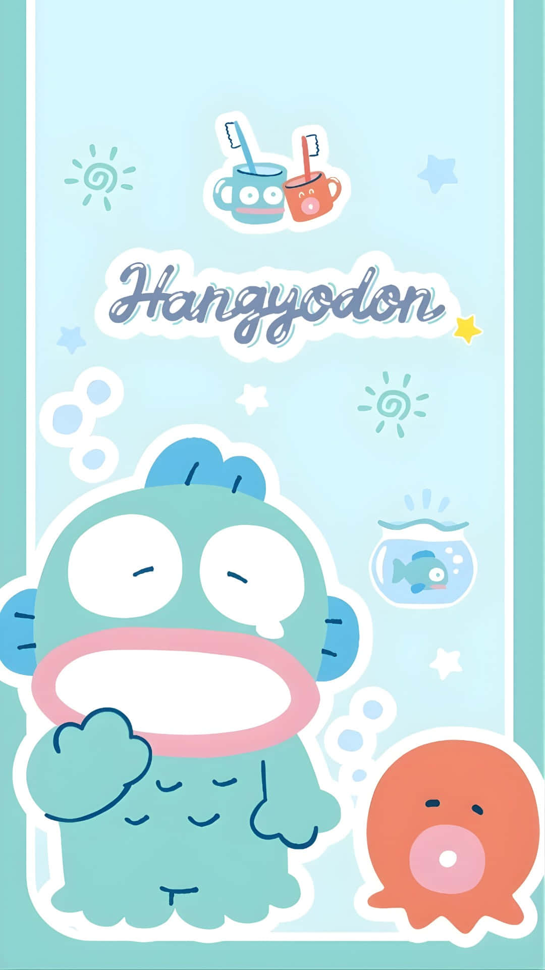 Hangyodon, teal cartoon character, closed eyes, Full HD Phone Wallpaper
