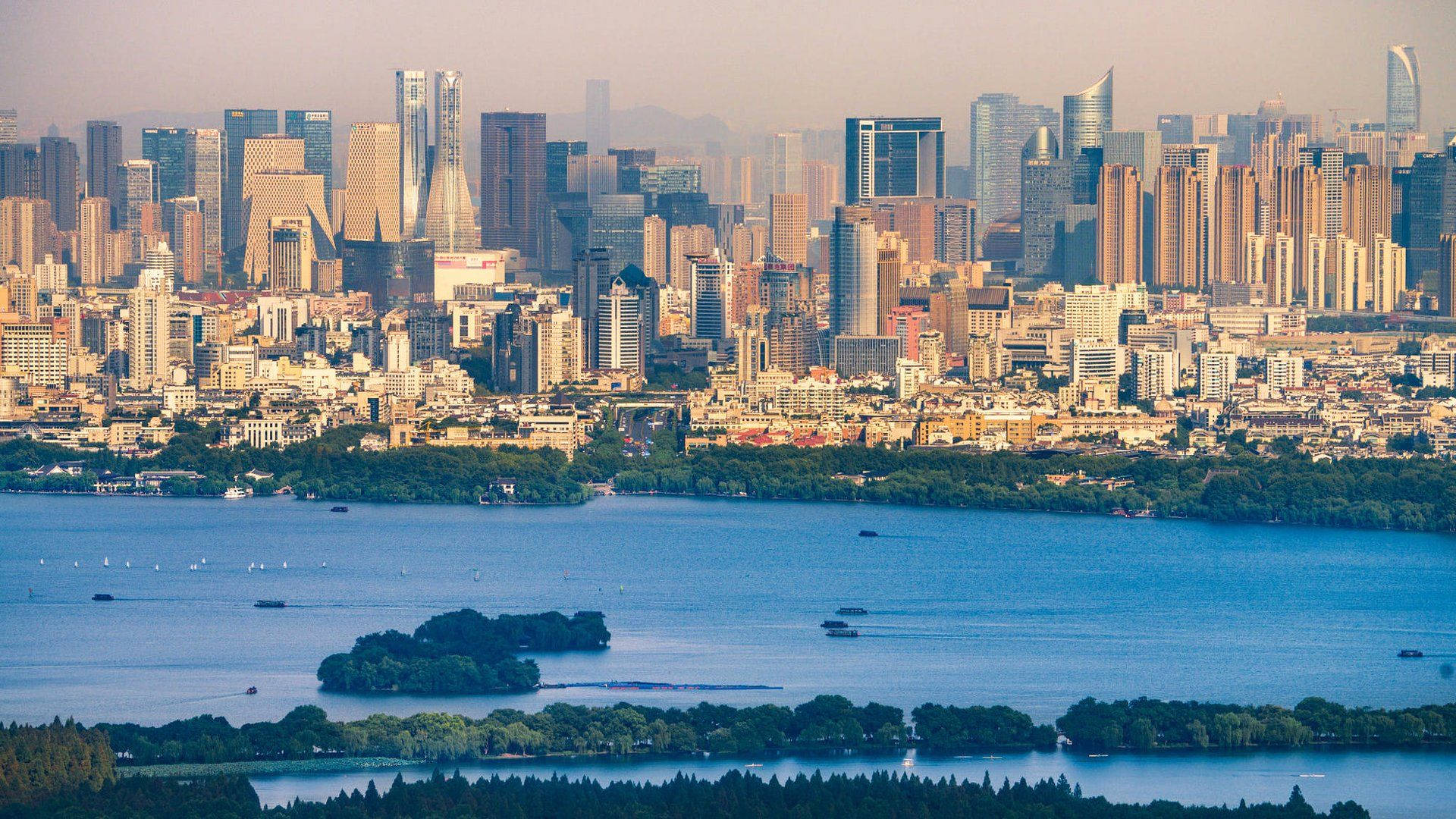 Hangzhou, city skyline, blue lake, Full HD Desktop Wallpaper