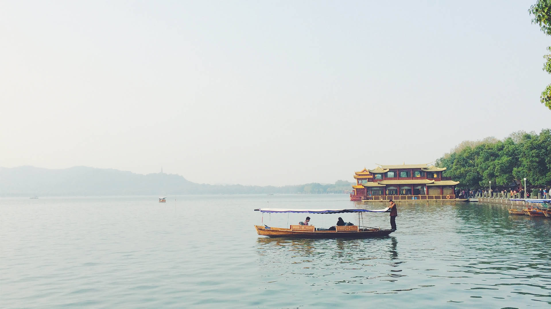Hangzhou, lake, wooden boat, Full HD Desktop Wallpaper