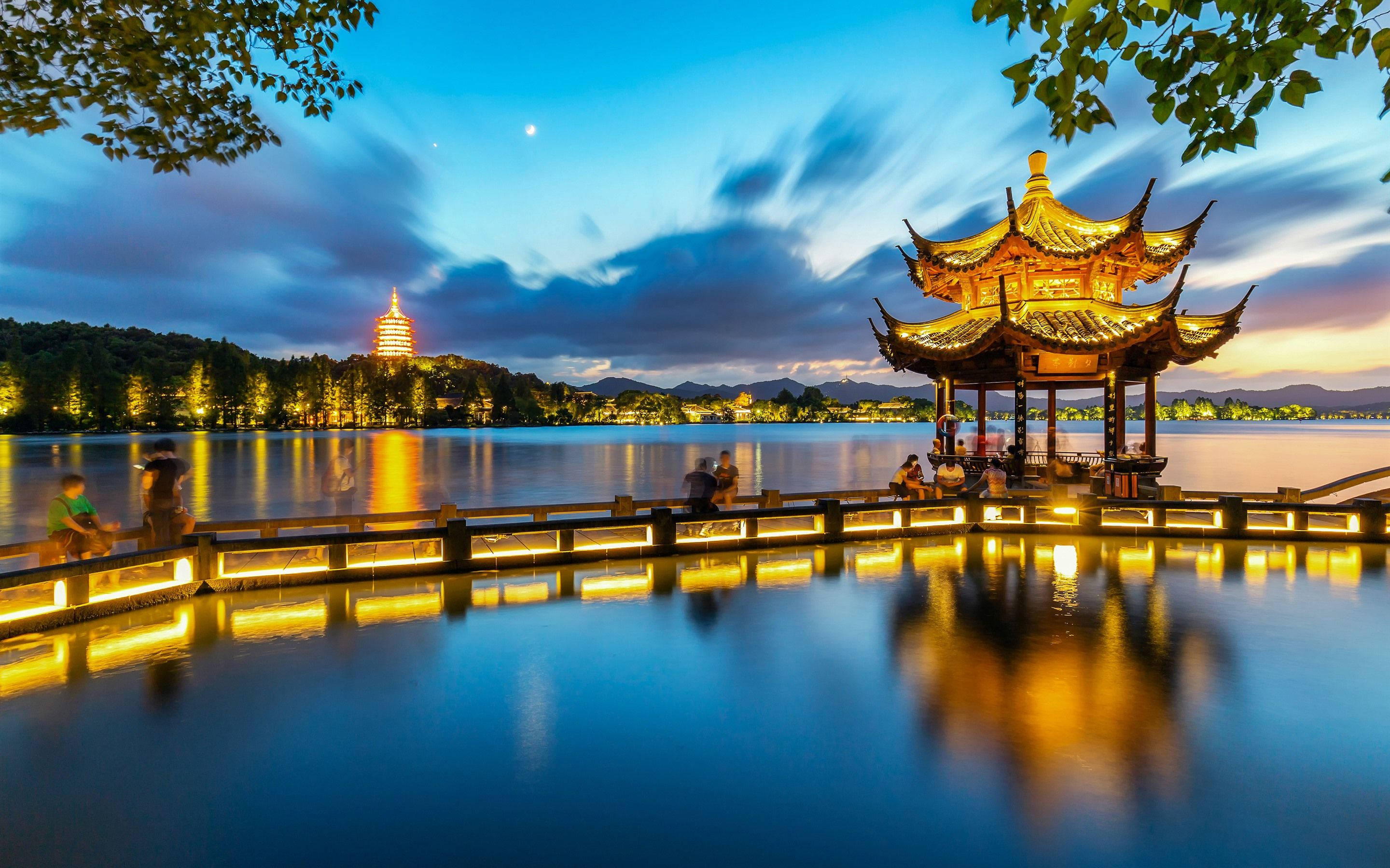 Hangzhou, lake, traditional Chinese pavilion, 2K Desktop Wallpaper