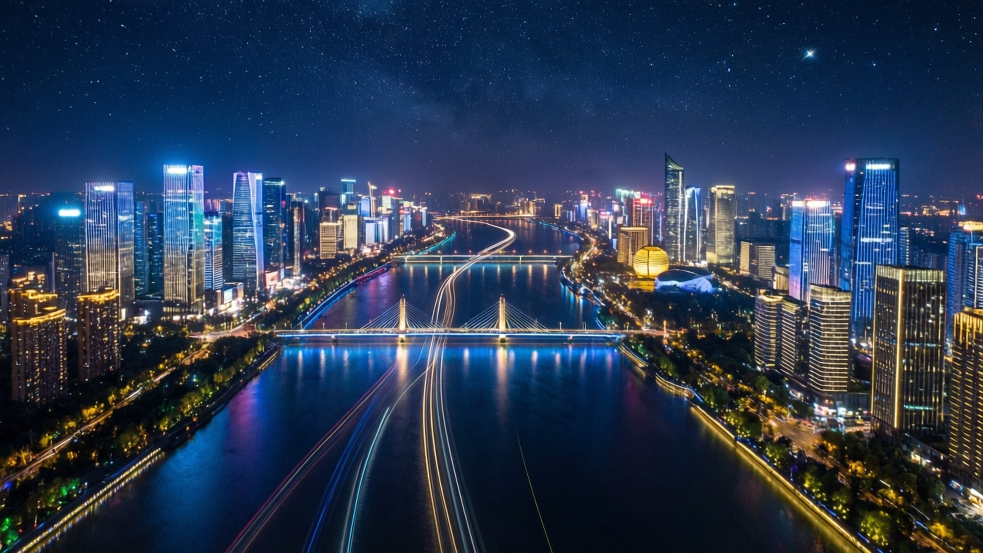 Hangzhou, Night Skyline, futuristic cityscape, Full HD Desktop Wallpaper