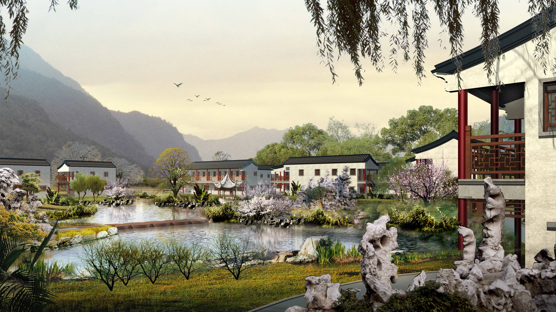 Serene Chinese Houses, traditional Chinese village, white houses, Full HD Desktop Wallpaper
