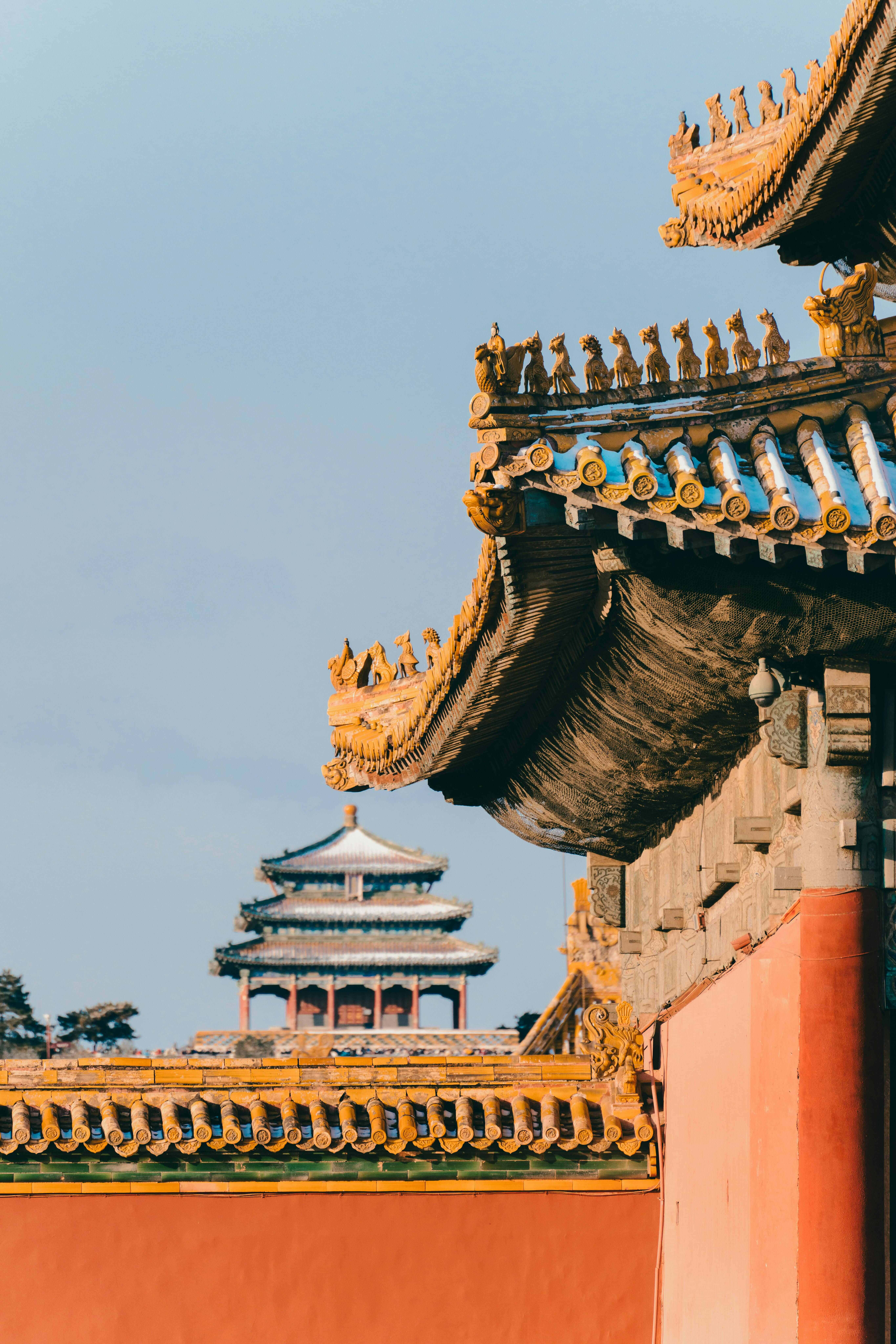 golden tiled roofs, ornate ridge decorations, distant pagoda, 8K Phone Wallpaper