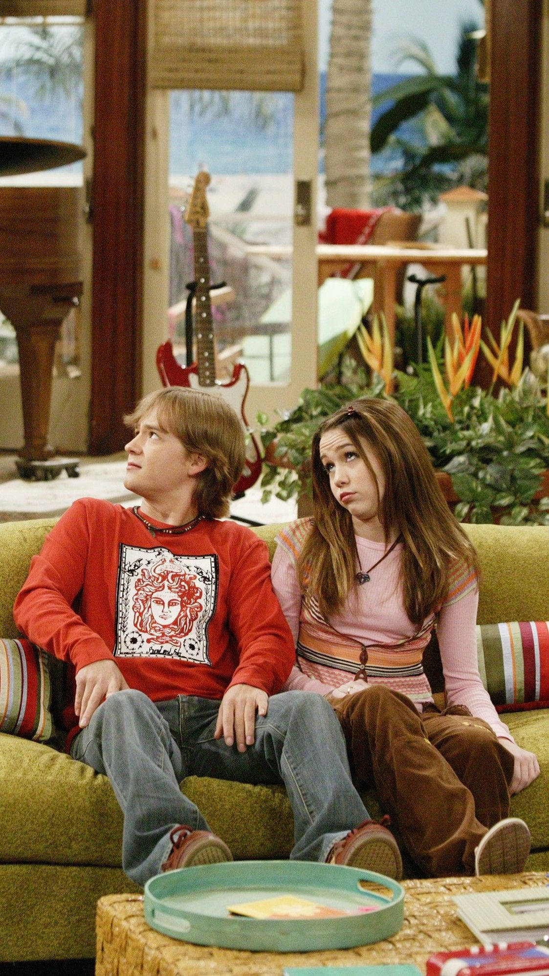 Hannah Montana, green couch, tropical-themed living room, Full HD Phone Wallpaper