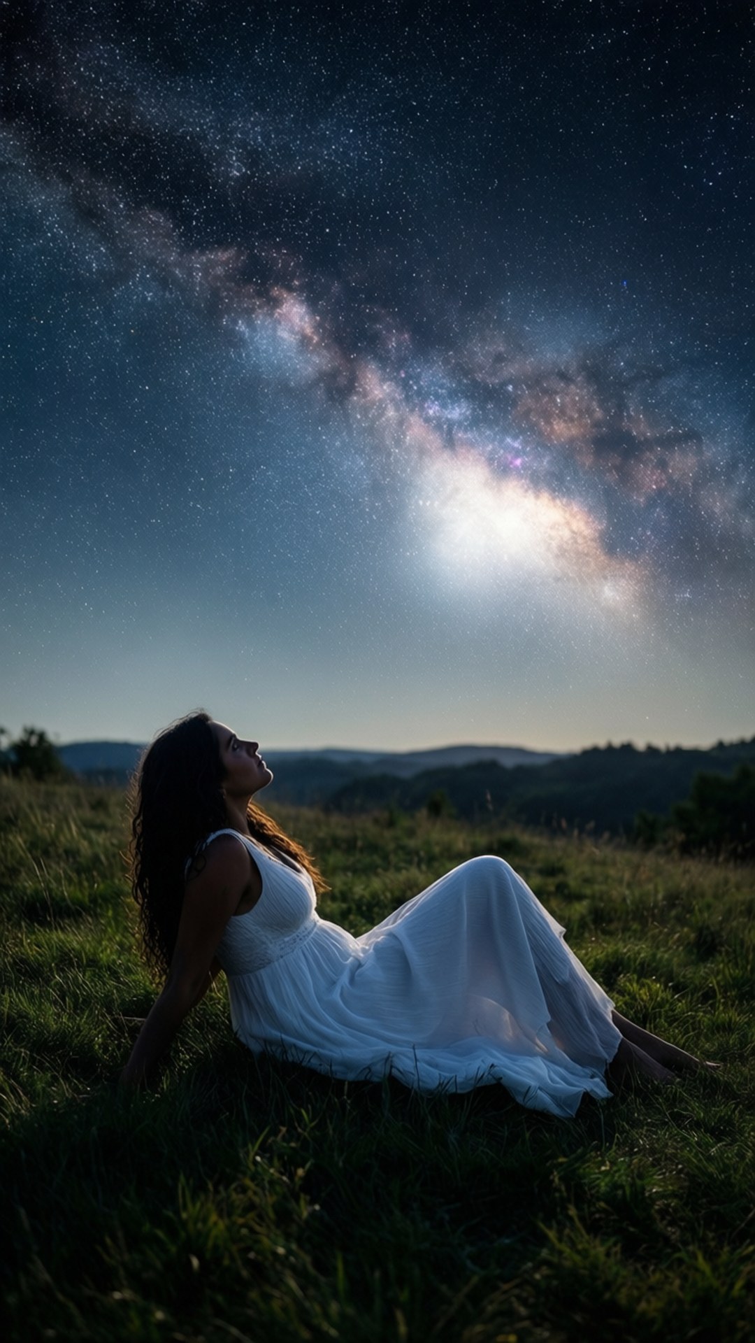 Hanni, starry sky, grassy hill, Full HD Phone Wallpaper