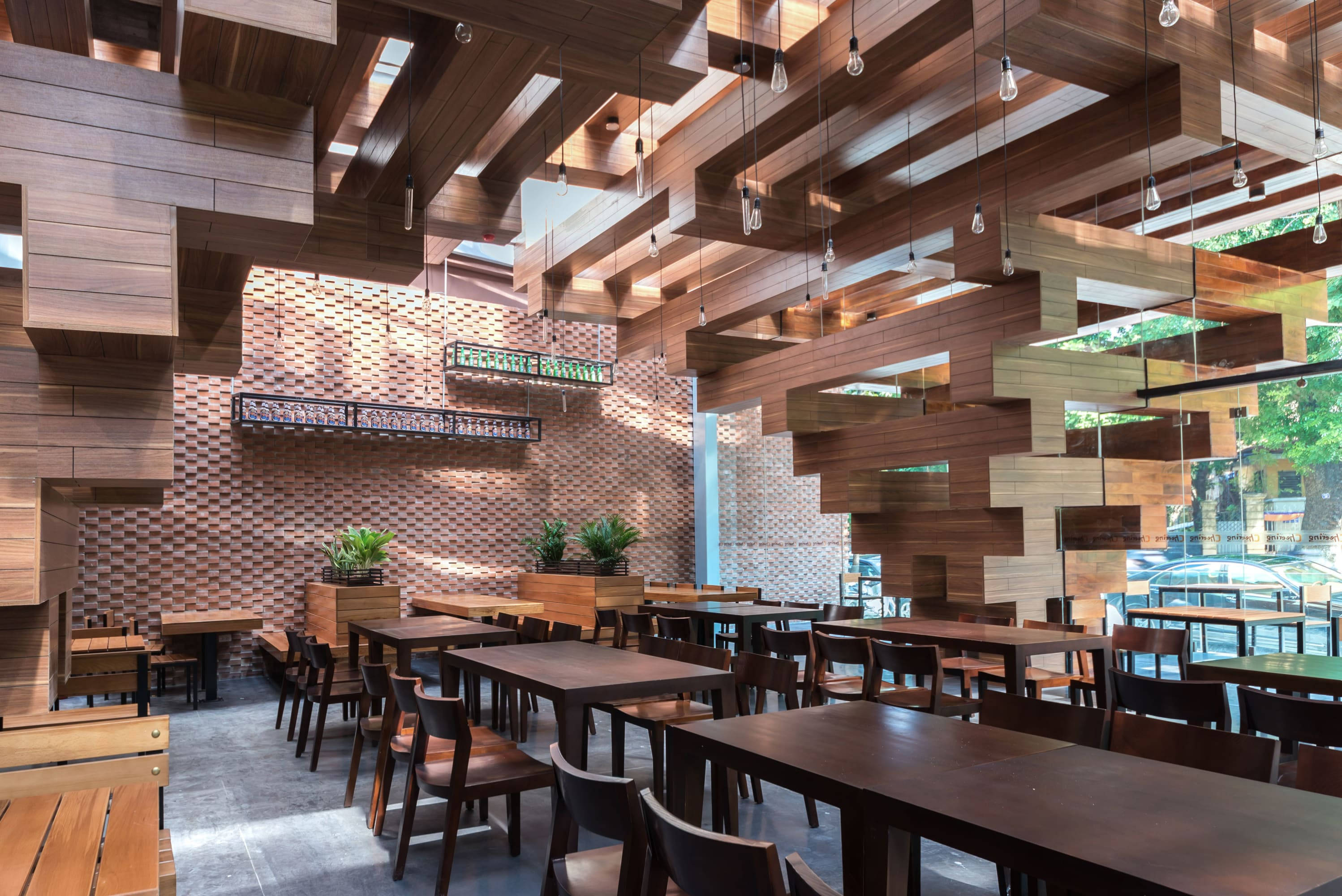Hanoi, modern wooden interior, geometric ceiling beams, 2K Desktop Wallpaper