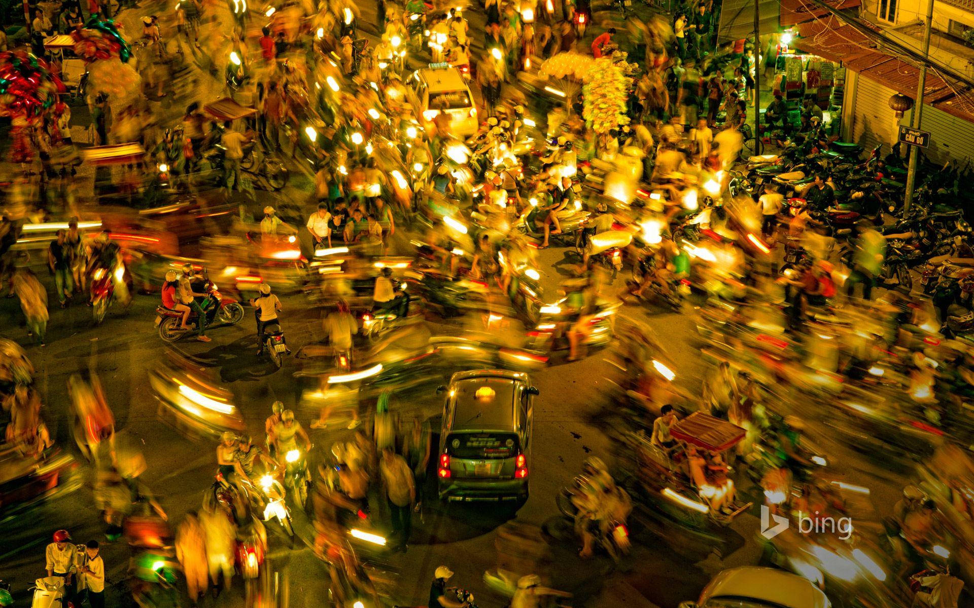 Hanoi, night street scene, long exposure, Full HD Desktop Wallpaper