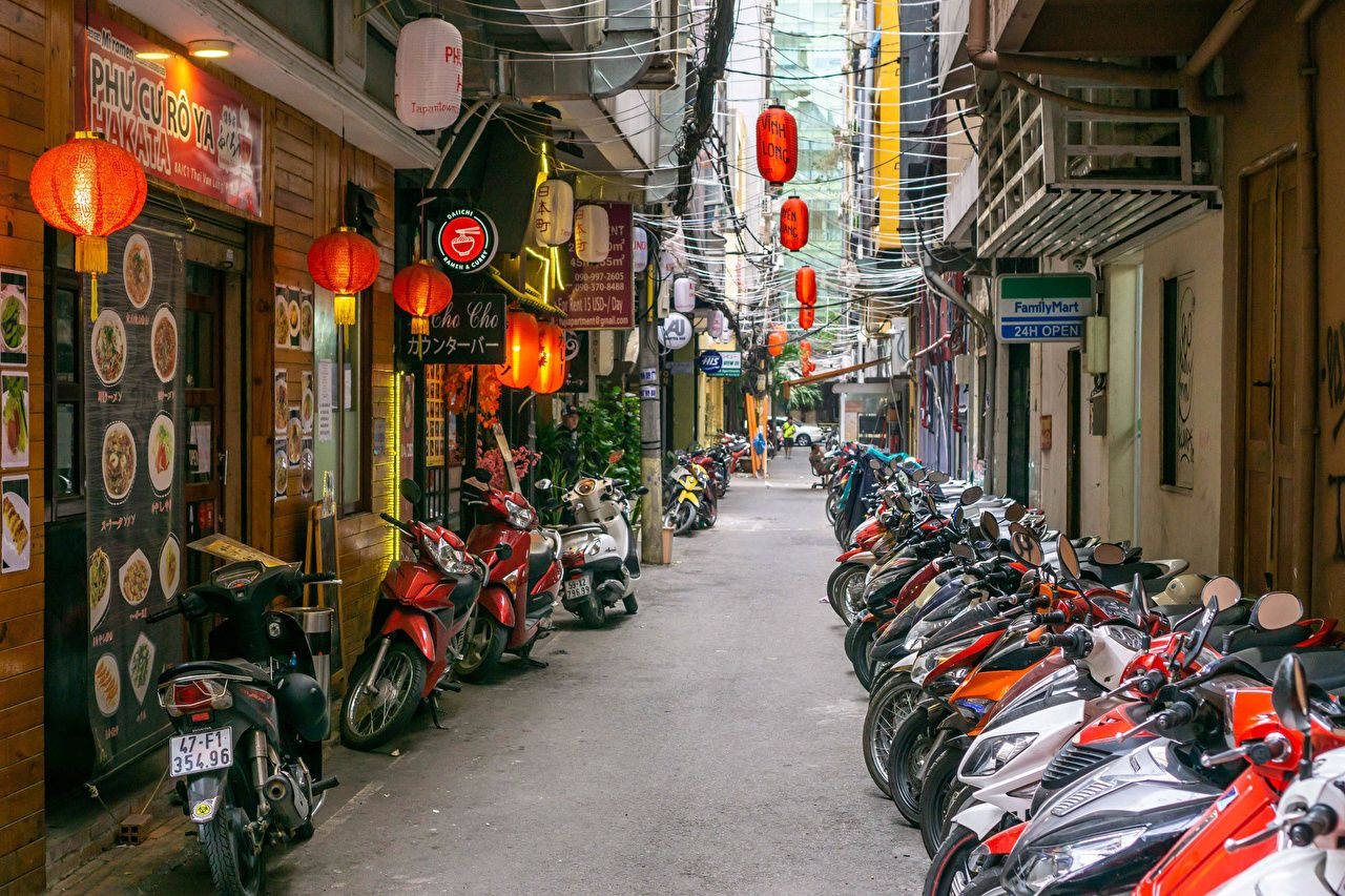 Hanoi, narrow street, scooters, HD Desktop Wallpaper