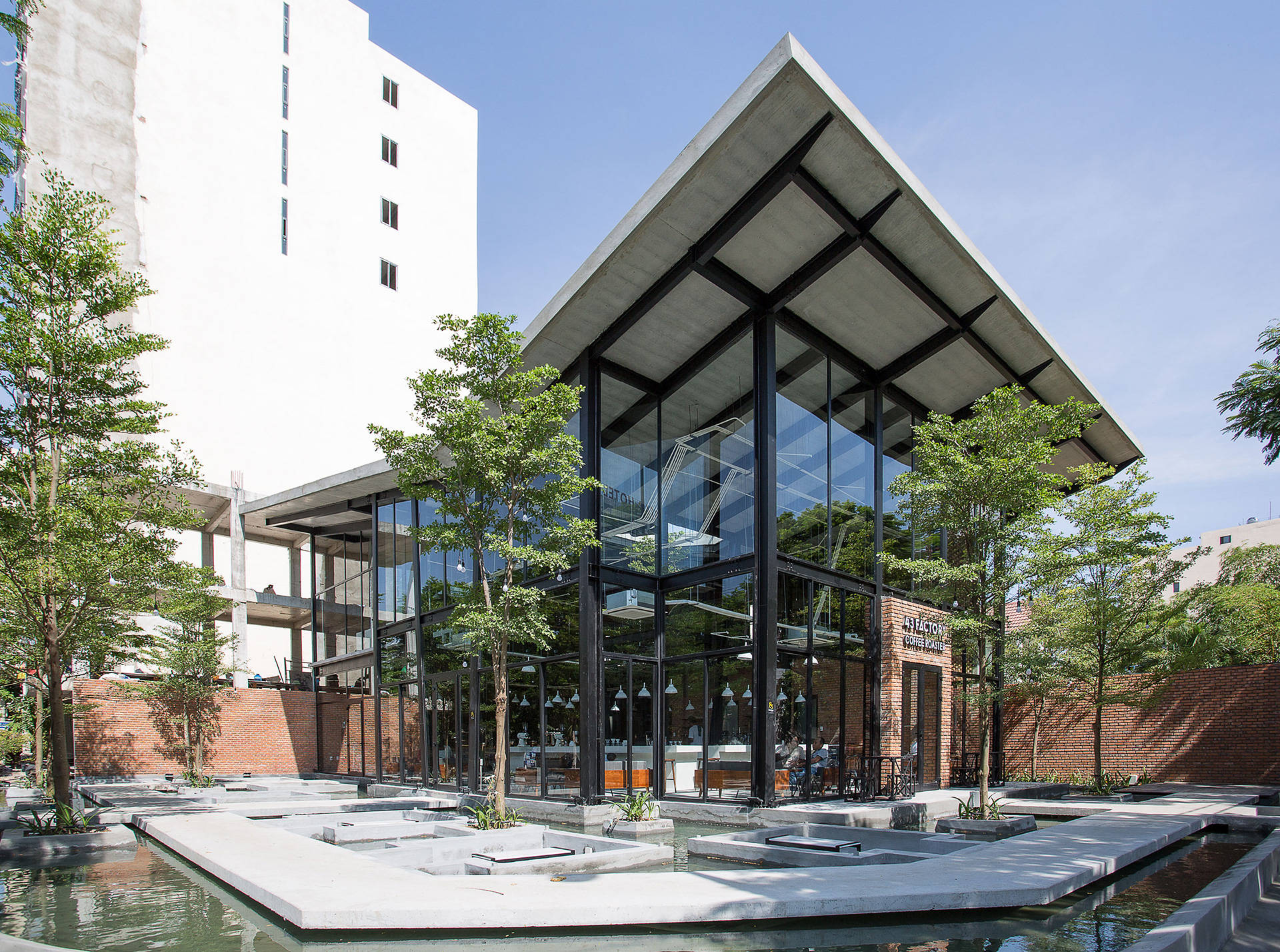 Hanoi, coffee shop, modern glass and concrete building, Full HD Desktop Wallpaper