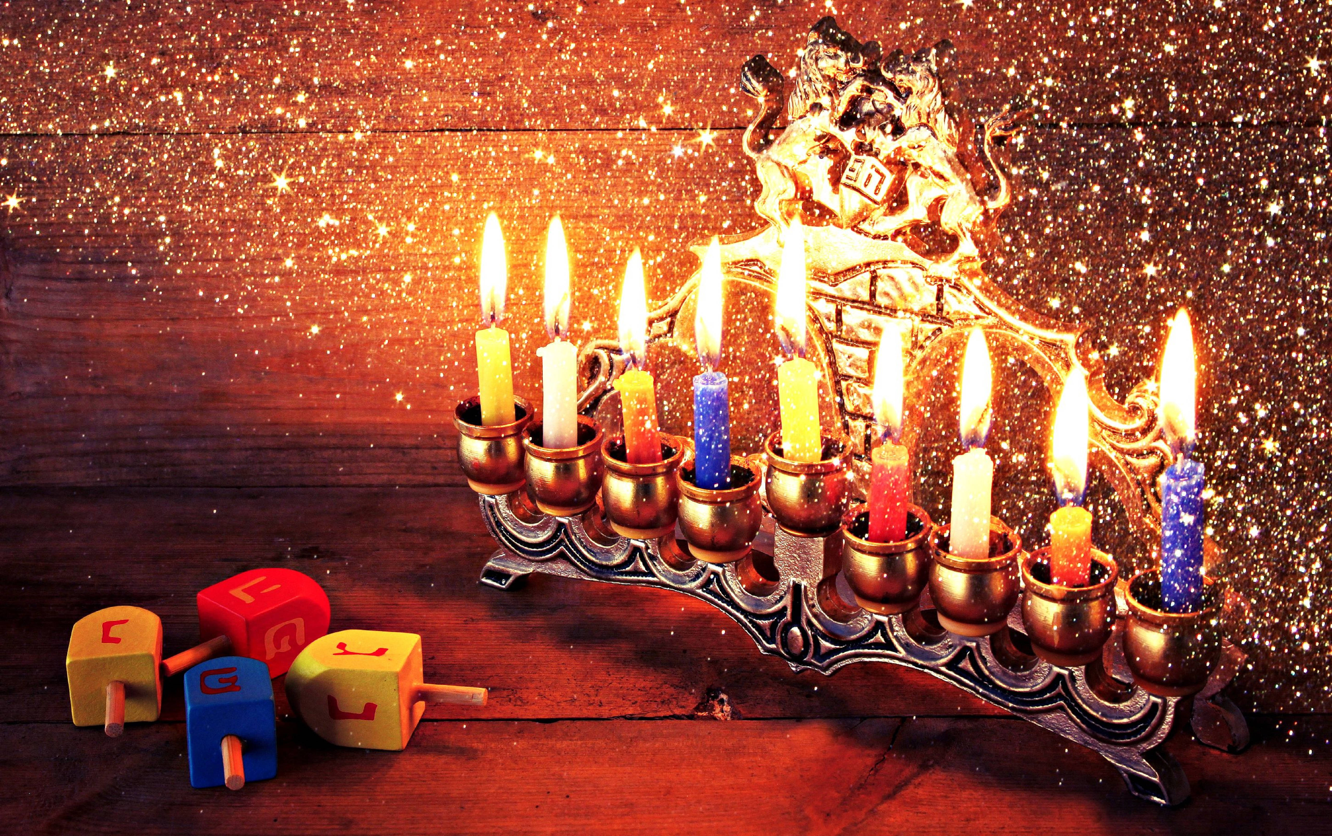 menorah, nine lit candles, colorful dreidels, 5K Desktop Wallpaper