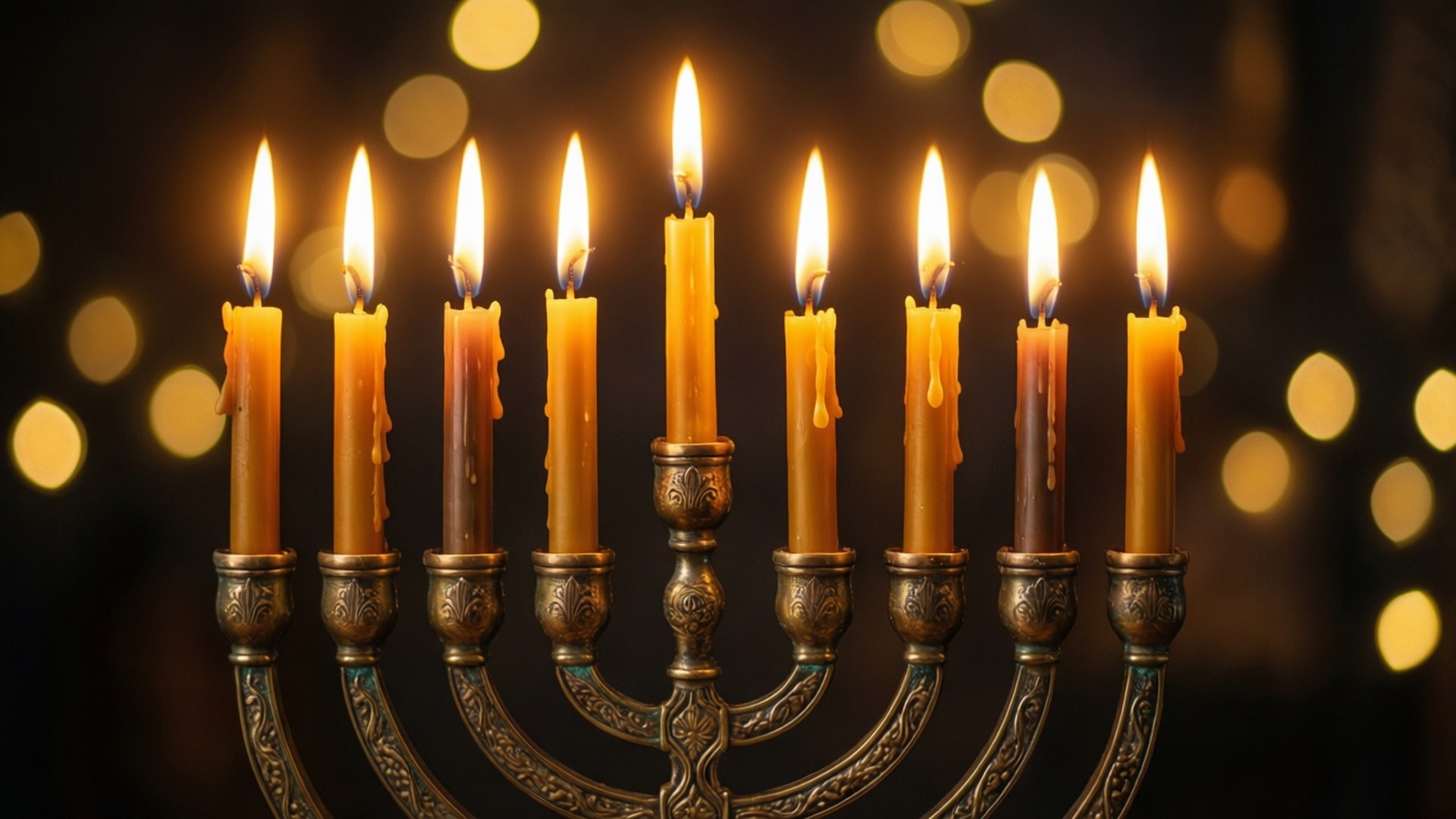 golden menorah, nine lit candles, warm light, Full HD Desktop Wallpaper