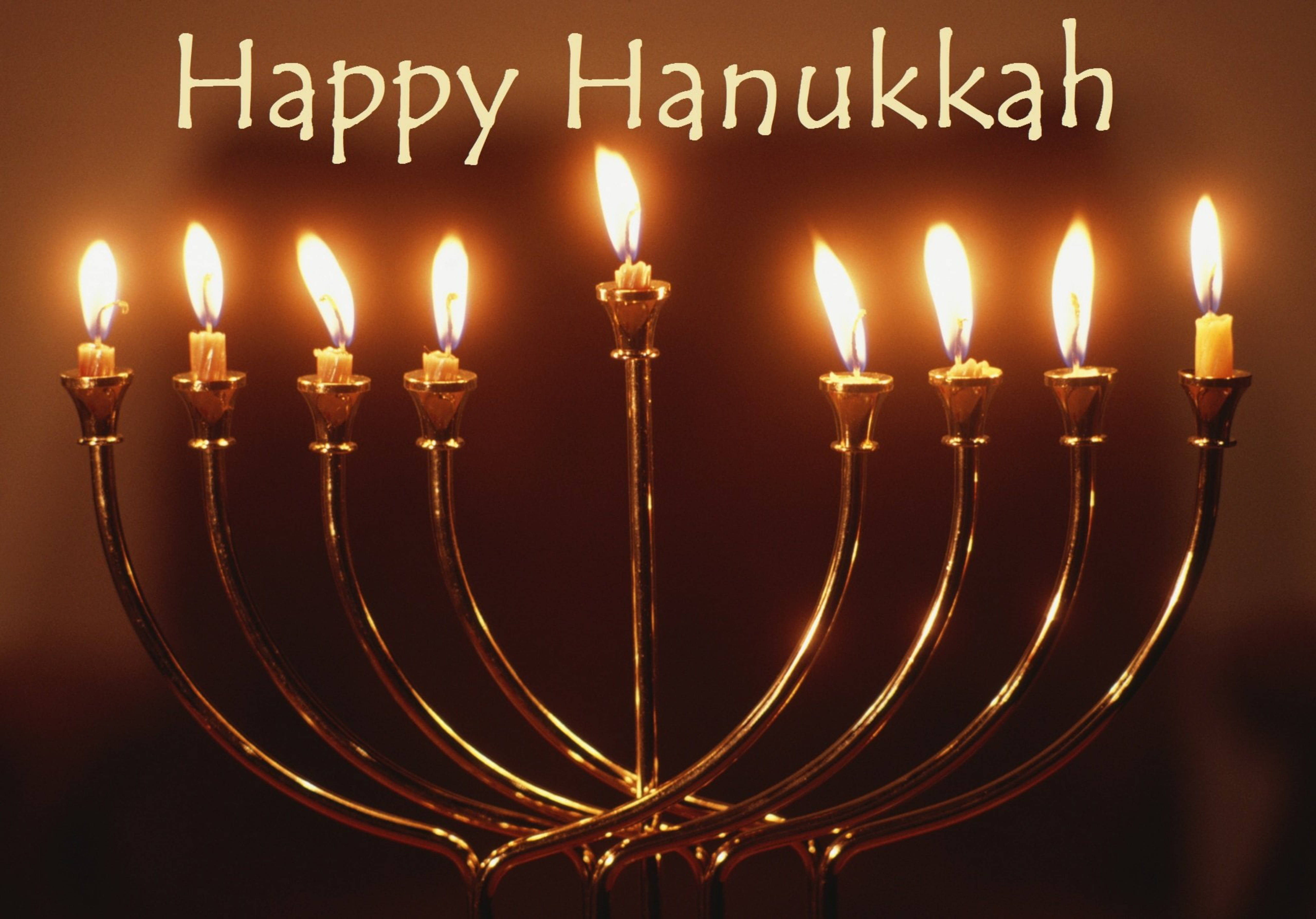 Happy Hanukkah Candelabrum, golden menorah, eight lit candles, 5K Desktop Wallpaper