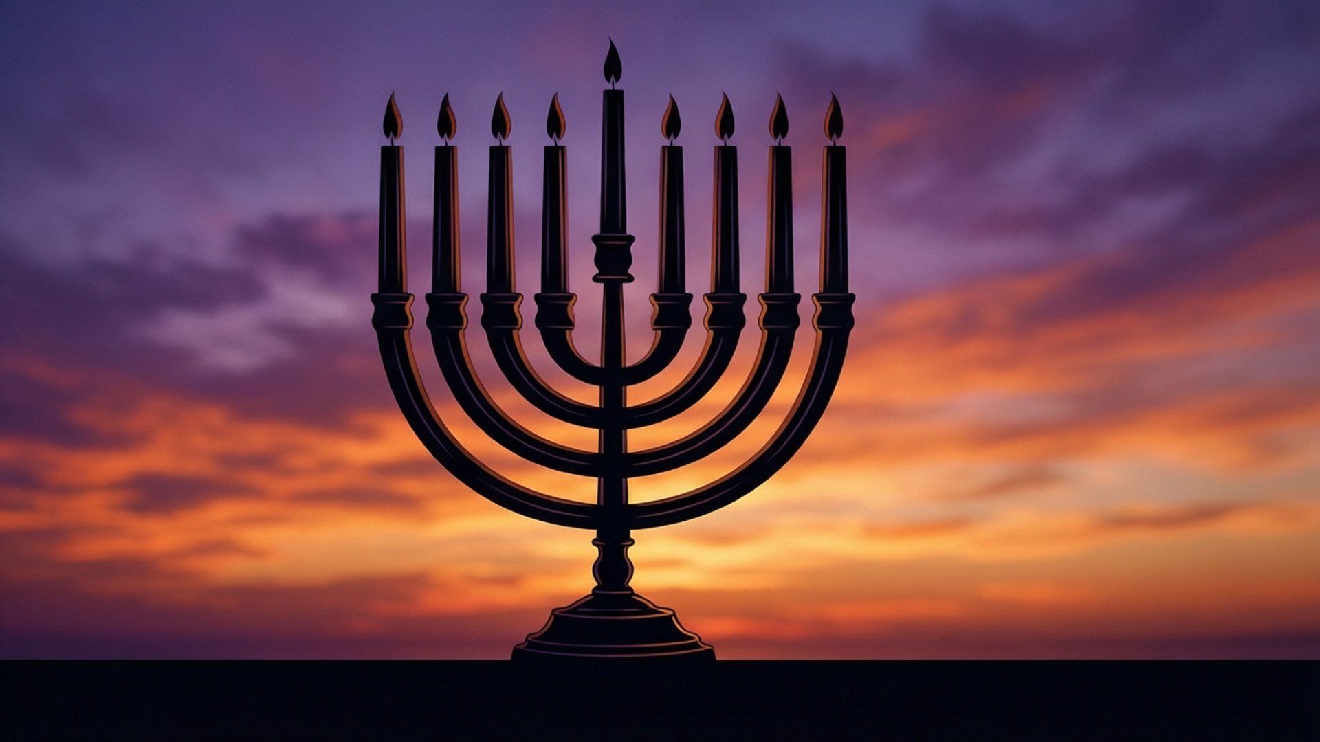 sunset, menorah silhouette, seven candles, Full HD Desktop Wallpaper