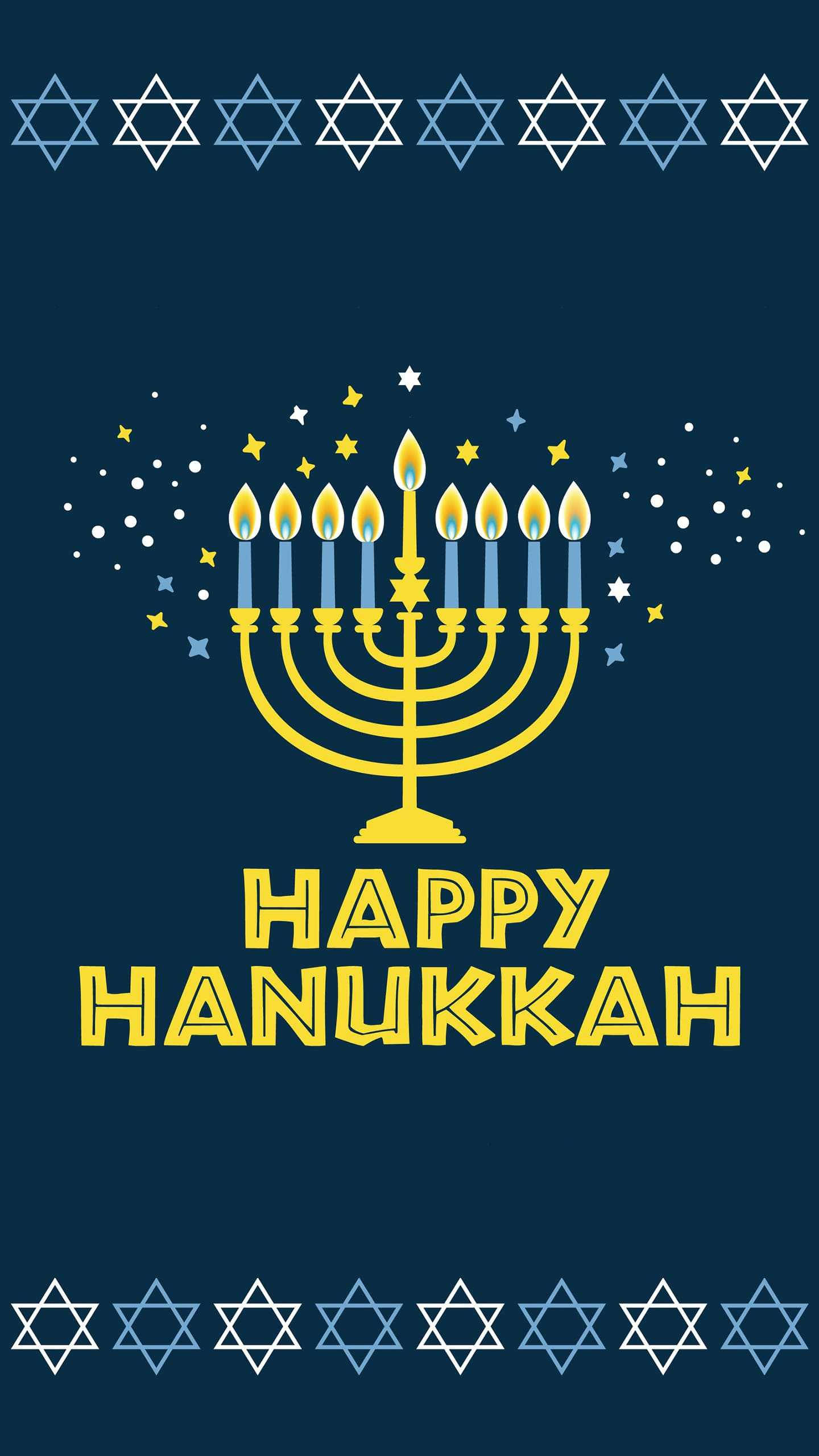 golden menorah, lit candles, deep blue background, 2K Phone Wallpaper