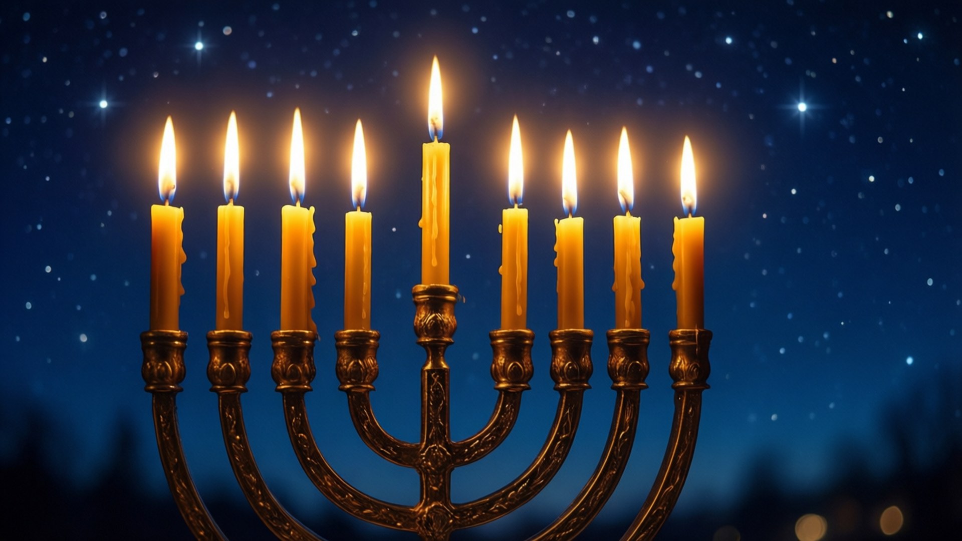 starlit menorah, golden menorah, nine lit candles, Full HD Desktop Wallpaper