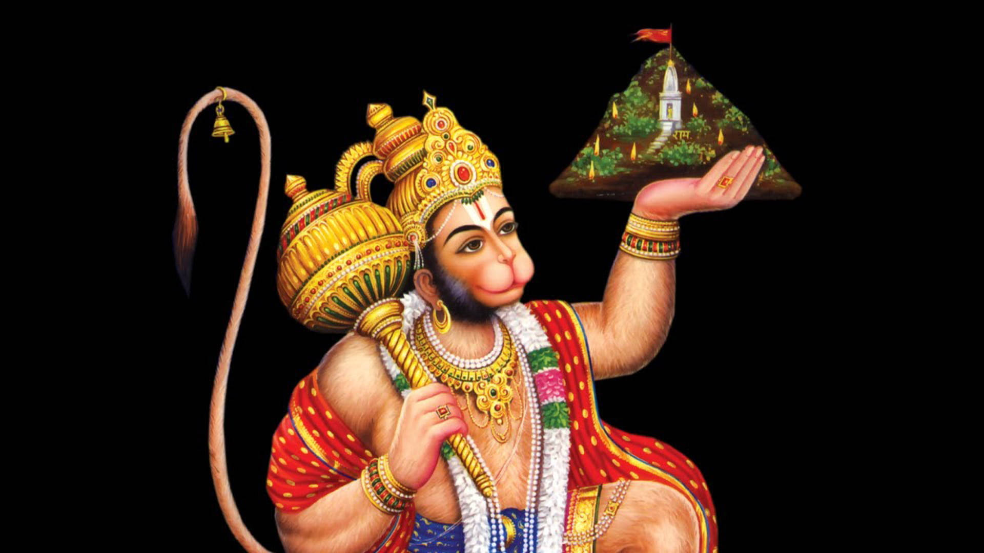 Hanuman, medicine mountain, golden mace, Full HD Desktop Wallpaper