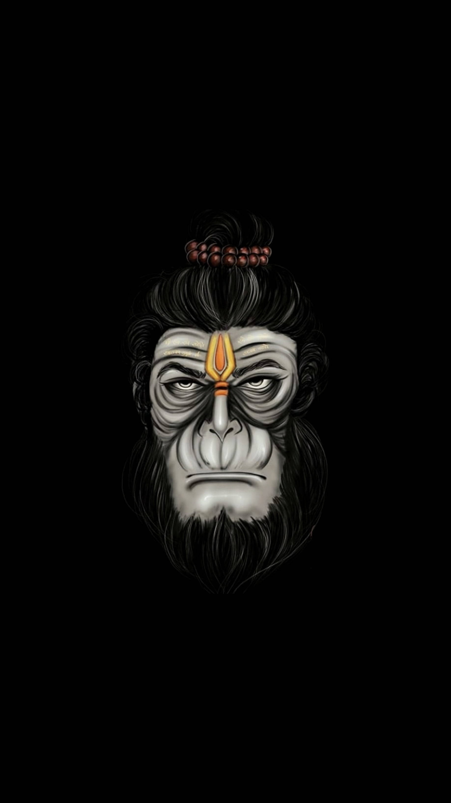 Hanuman, golden third eye, beaded hair, 2K Phone Wallpaper