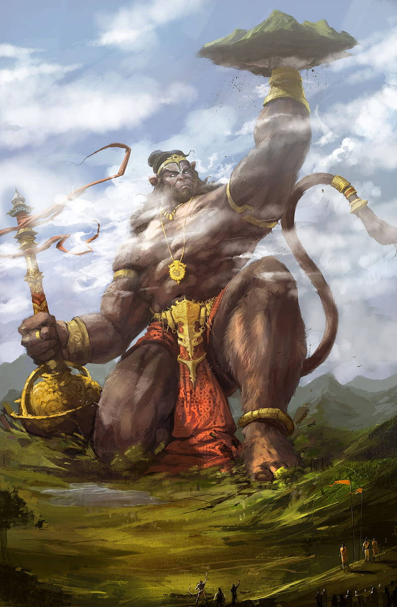 Hanuman, mountain on his head, golden staff, SD Phone Wallpaper