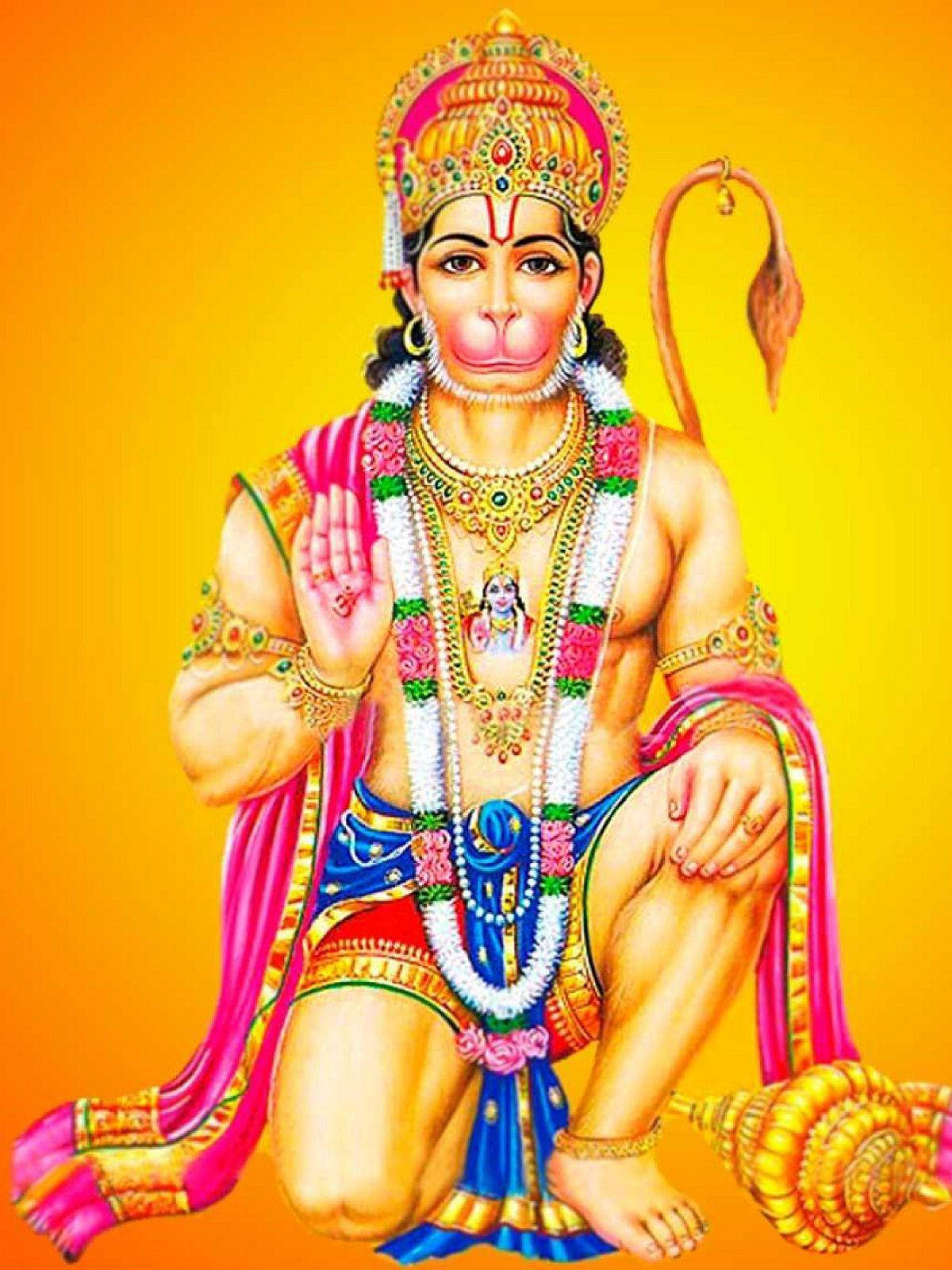 Hanuman, golden and pink attire, radiant yellow-orange gradient background, HD Phone Wallpaper